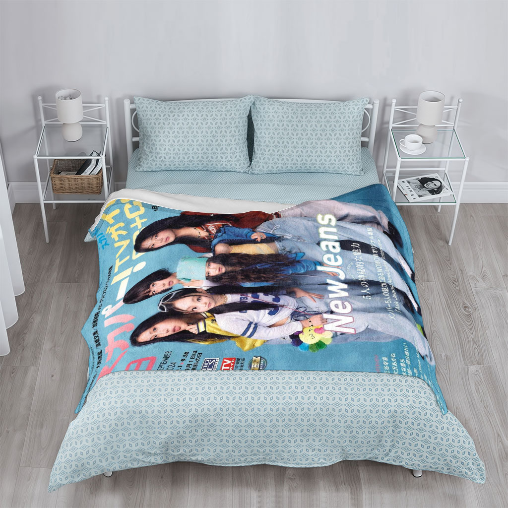 NewJeans on TV Guide Cover Featuring Five Members in Casual Outfits with Blue Background - Blankets