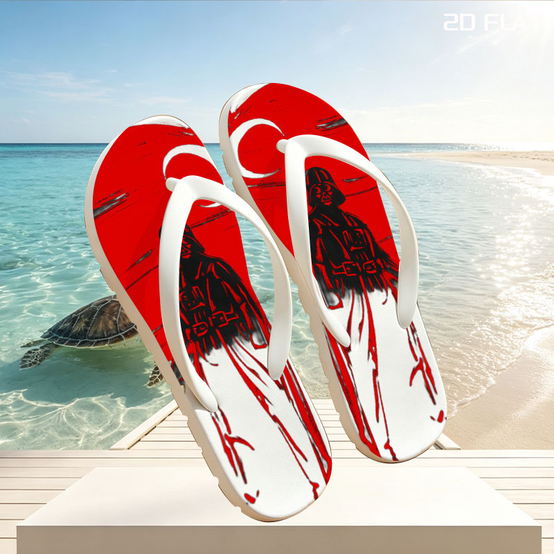 Darth Vader stands before a red sun, wielding a lightsaber in a dramatic silhouette. -  flip-flops