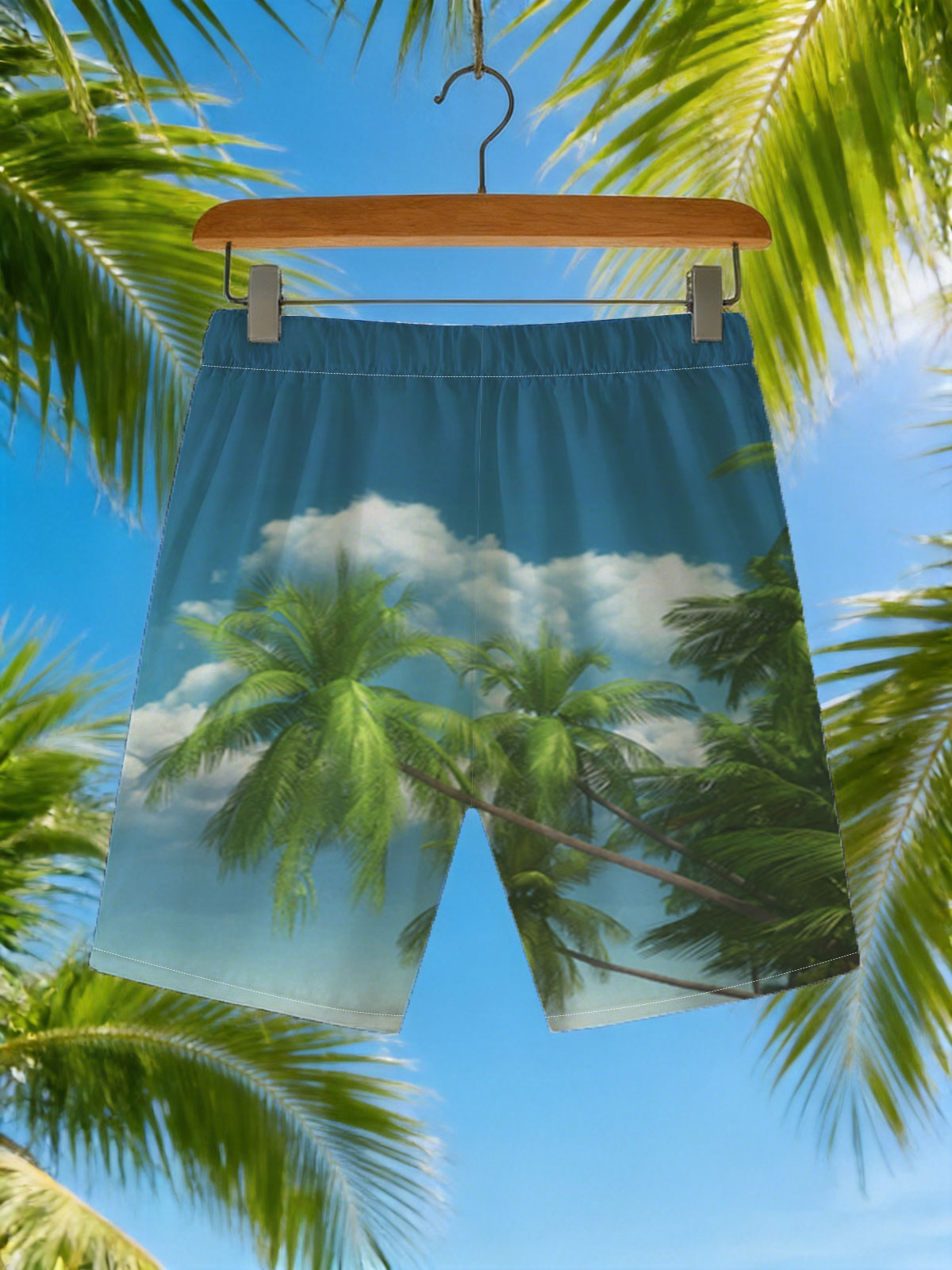 Tropical Beach with Palm Trees and Clear Blue Sky -  Beach shorts