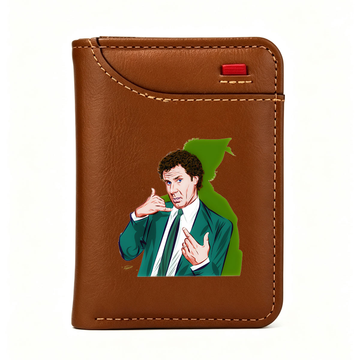 Will Ferrell as Ron Burgundy in Anchorman, making a phone gesture with expressive hands and a green suit. - Vertical Style Wallet