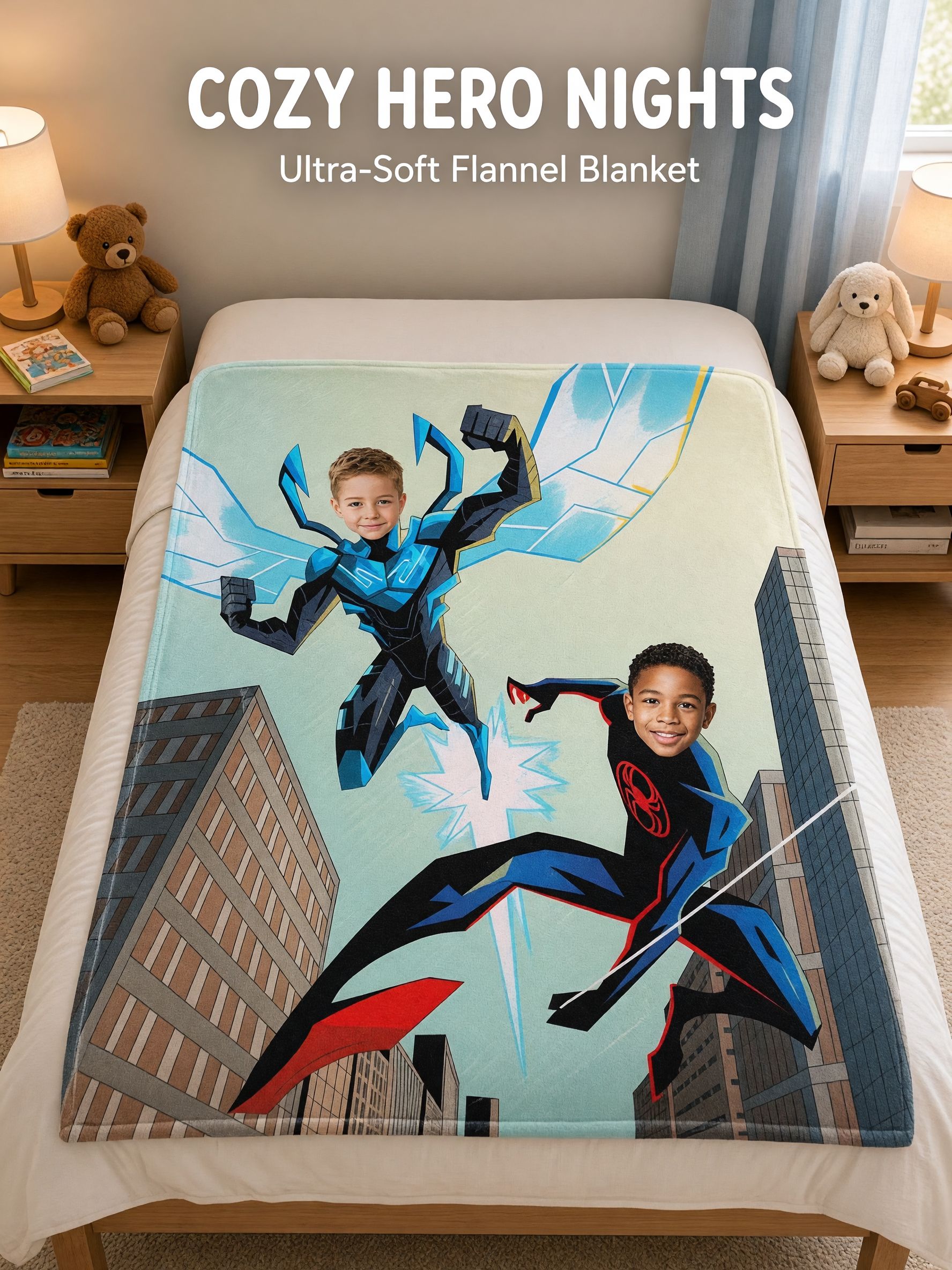 Custom Superhero Face Blanket Personalized Photo Flannel Throw Soft Warm Anti Pilling Bed Couch Blanket for Kids Gift