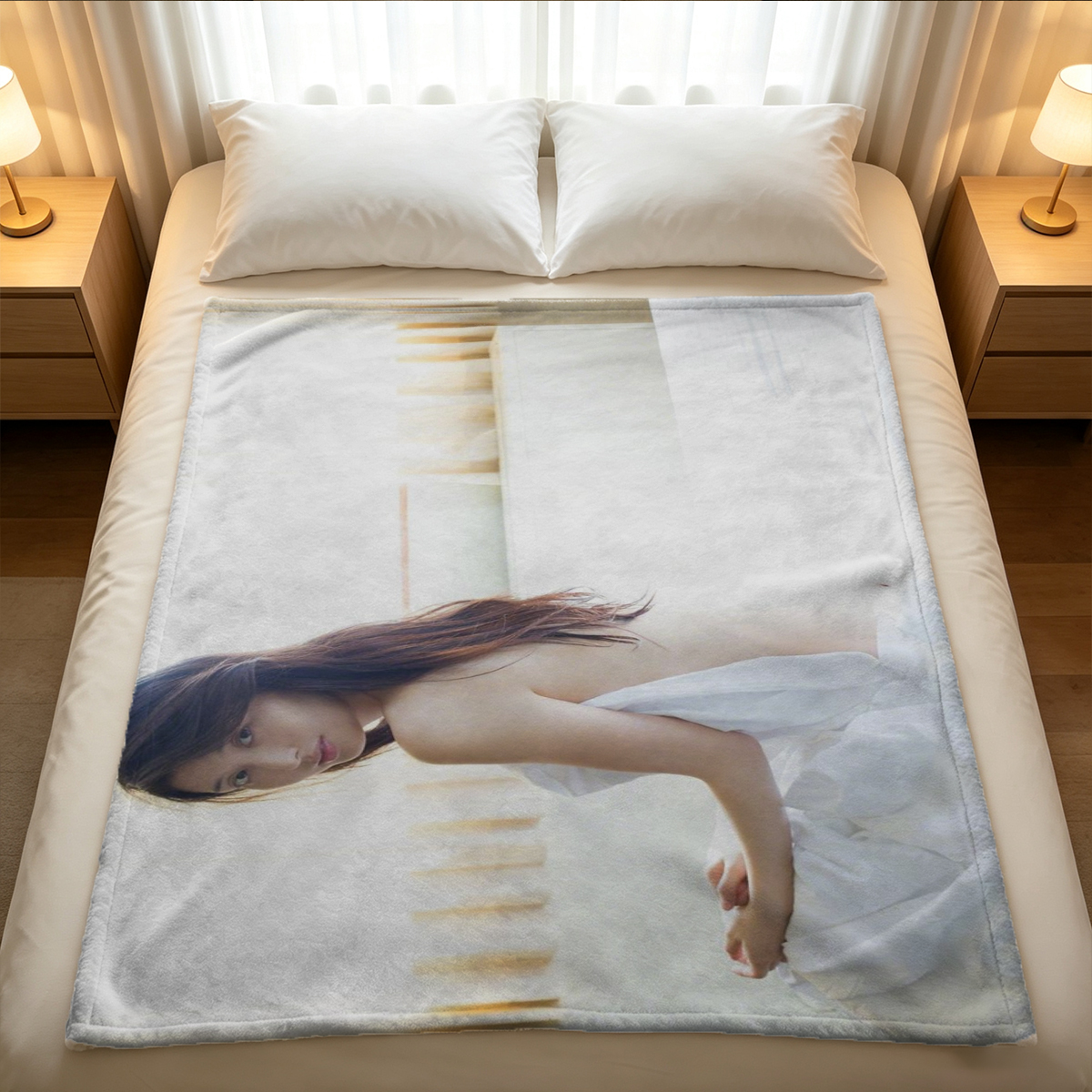 **Title:** Sexy Asian Woman in Leopard Print Lingerie Posing by Night City Window - Blanket