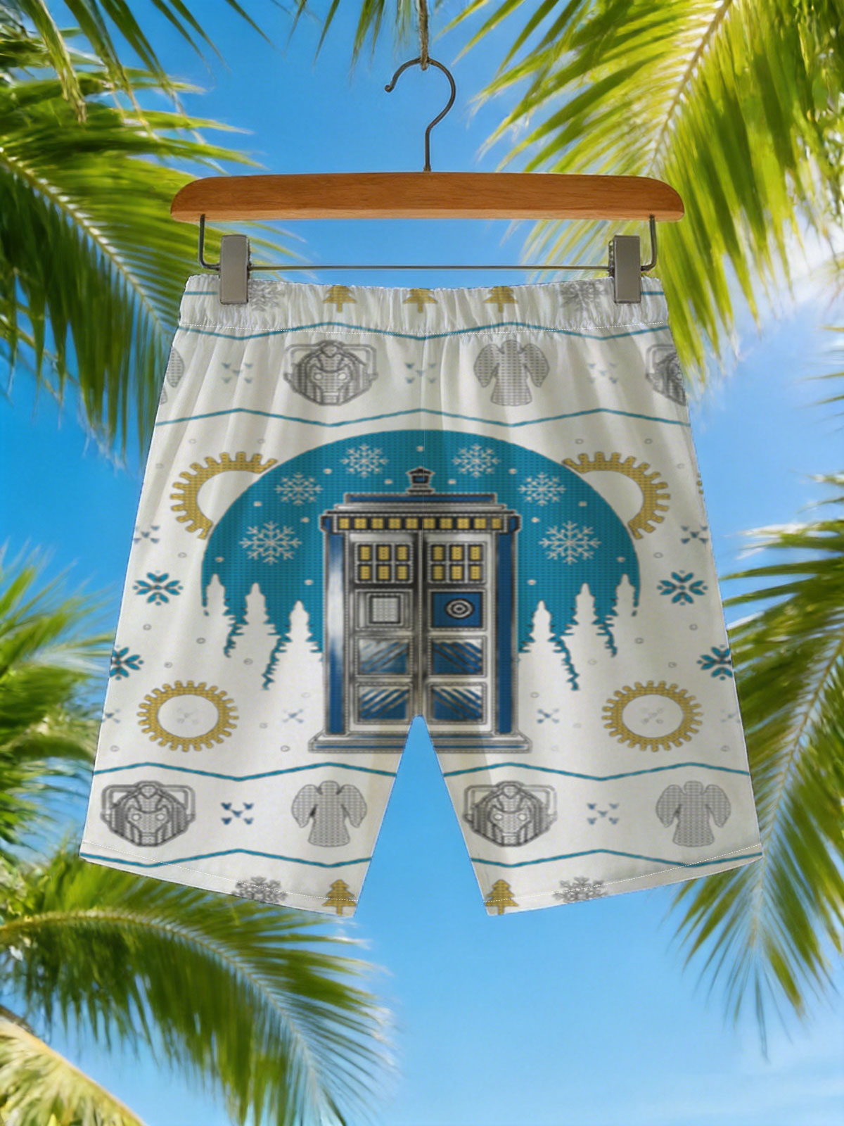 Doctor Who Christmas Sweater: TARDIS, Cybermen, Weeping Angels, and Snowflakes -  Beach shorts
