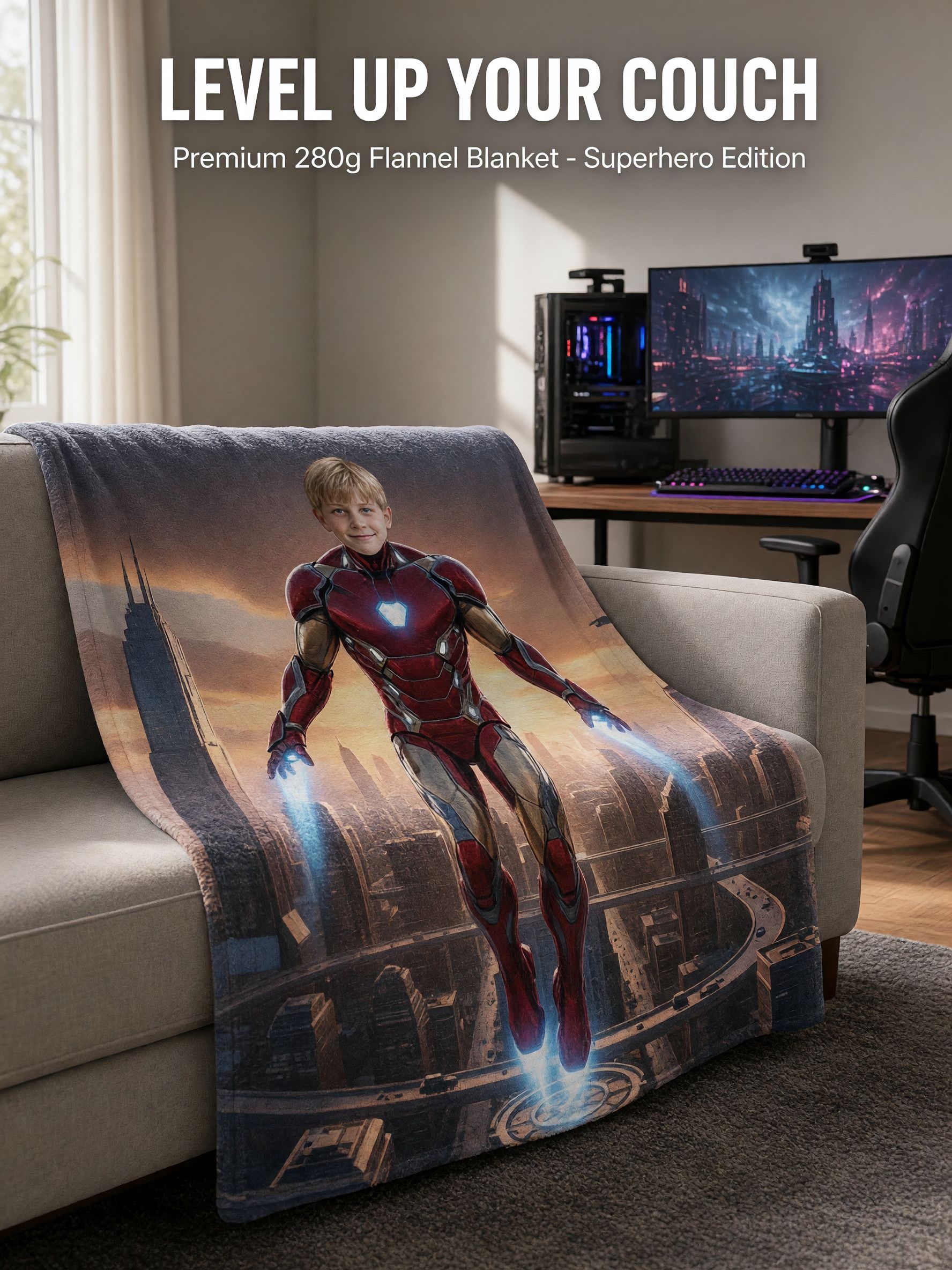 Custom Superhero Face Photo Blanket Soft Flannel Fleece Throw Cover for Bed Couch Ideal Personalized Keepsake Gift