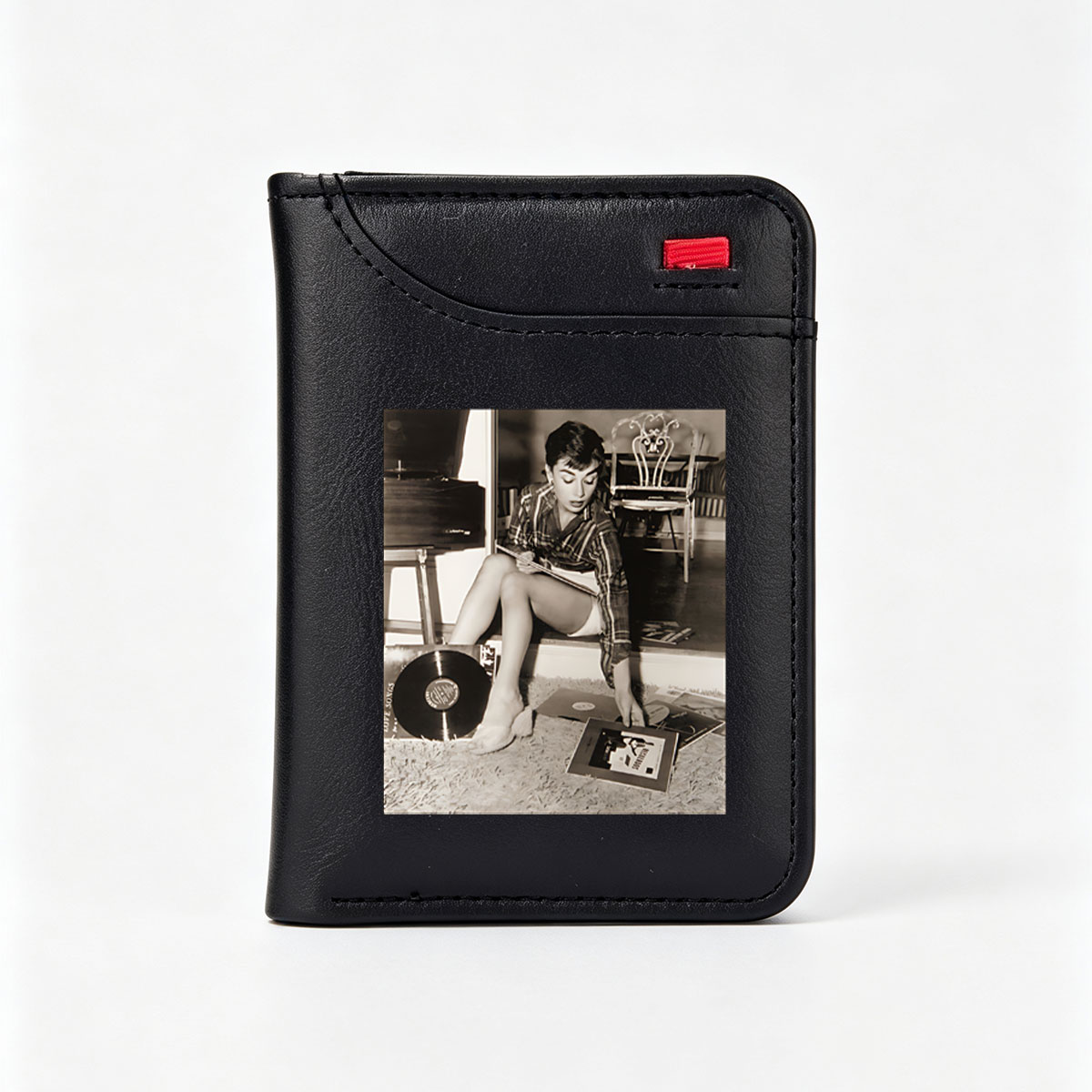 Audrey Hepburn Selecting Vinyl Records in a Cozy Room - Vertical Style Wallet