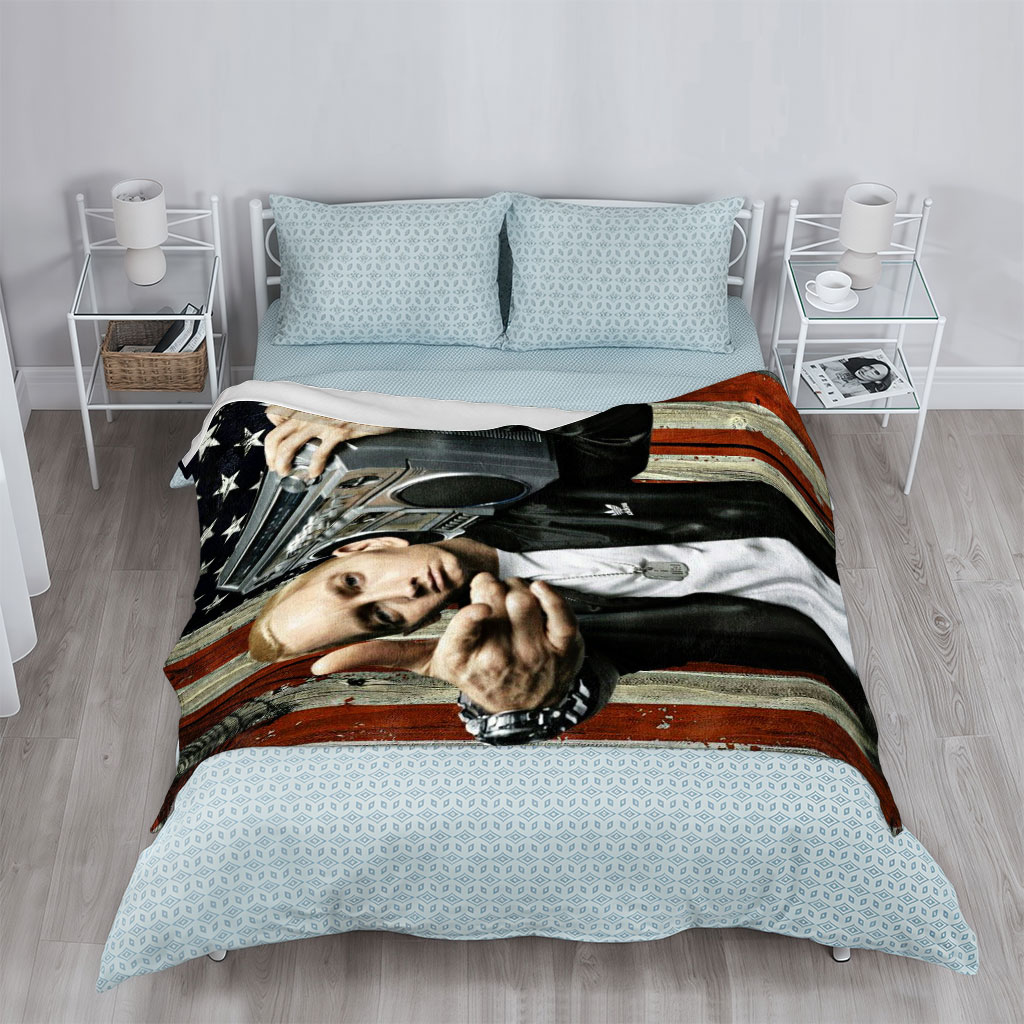 Eminem Holding Boombox Pointing at Camera Against American Flag Background - Blankets