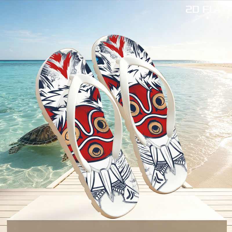 Red Masked Fox with Blue-Eyed Beast and Tribal Design -  flip-flops
