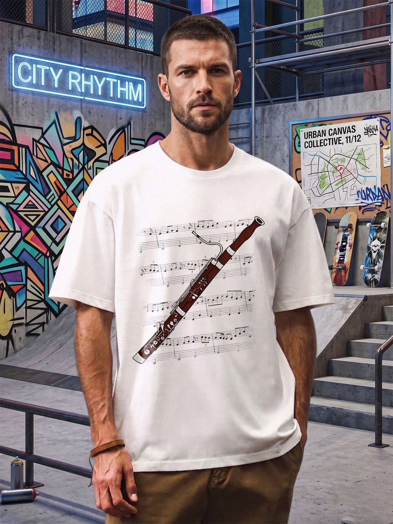 Men's Printed T-Shirt Bassoon Music Notes Design Casual Round Neck Summer Lightweight Breathable Short Sleeve T-Shirt for Music Lovers and Instrument Players