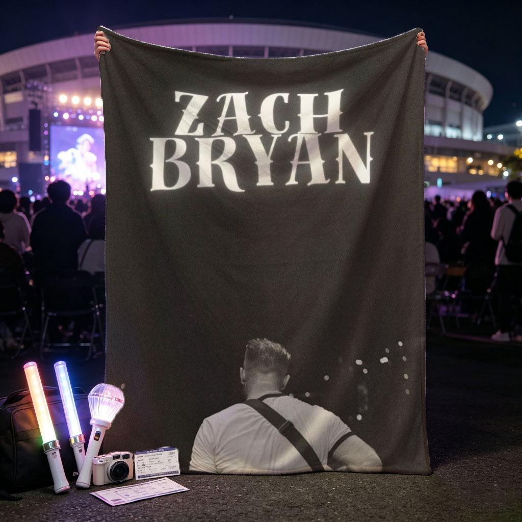 Zach Bryan Live Performance on Stage with Guitar and Crowd in Black and White - Blankets