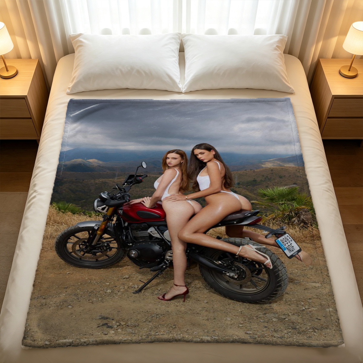 Nude woman posing on kitchen counter. - Blanket