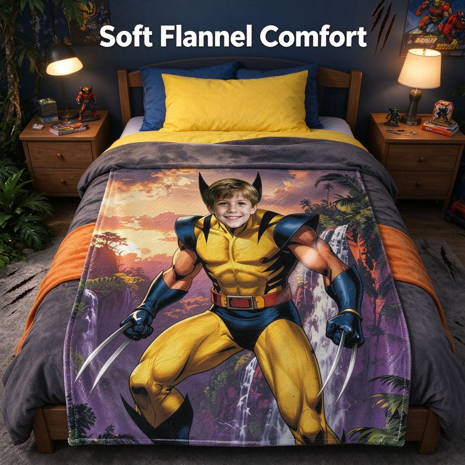 Custom Photo Superhero Flannel Blanket Personalized Face Comic Art Throw for Couch Bed, Cozy Gift