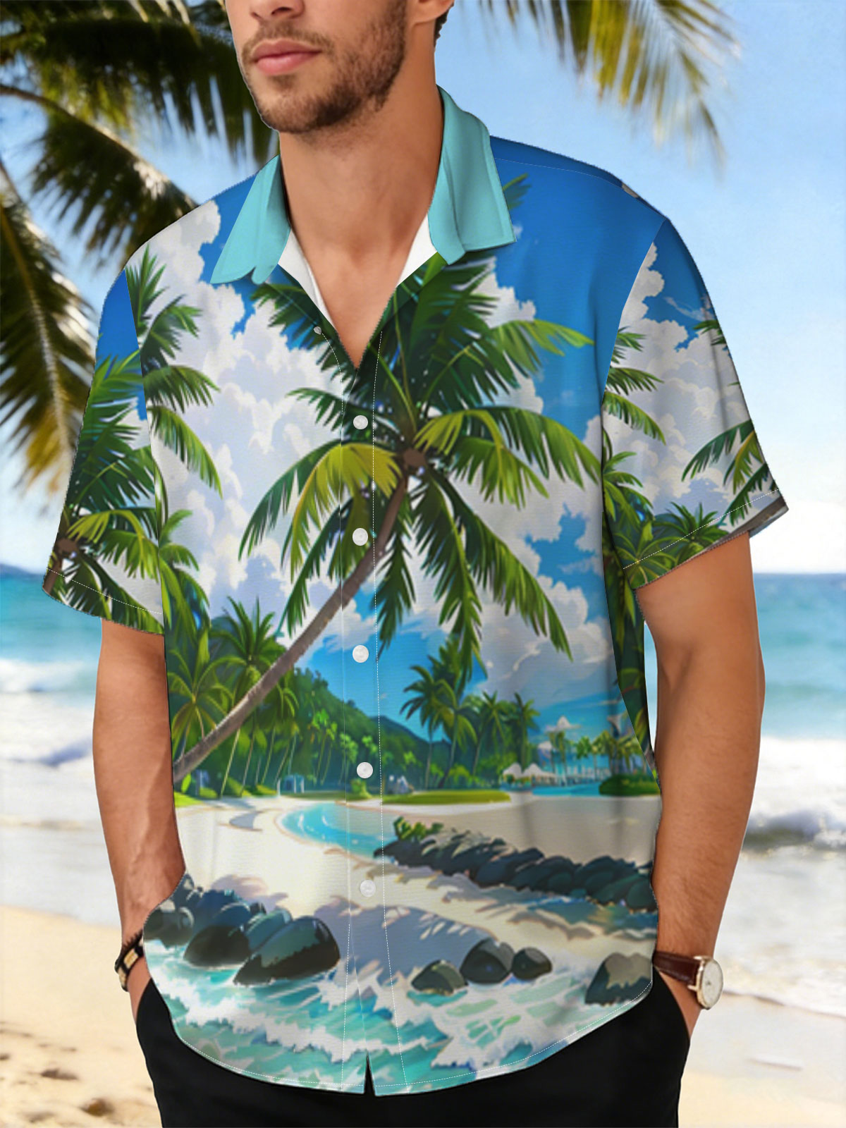 Tropical Beach with Palm Trees and Clear Blue Water -  Shirt