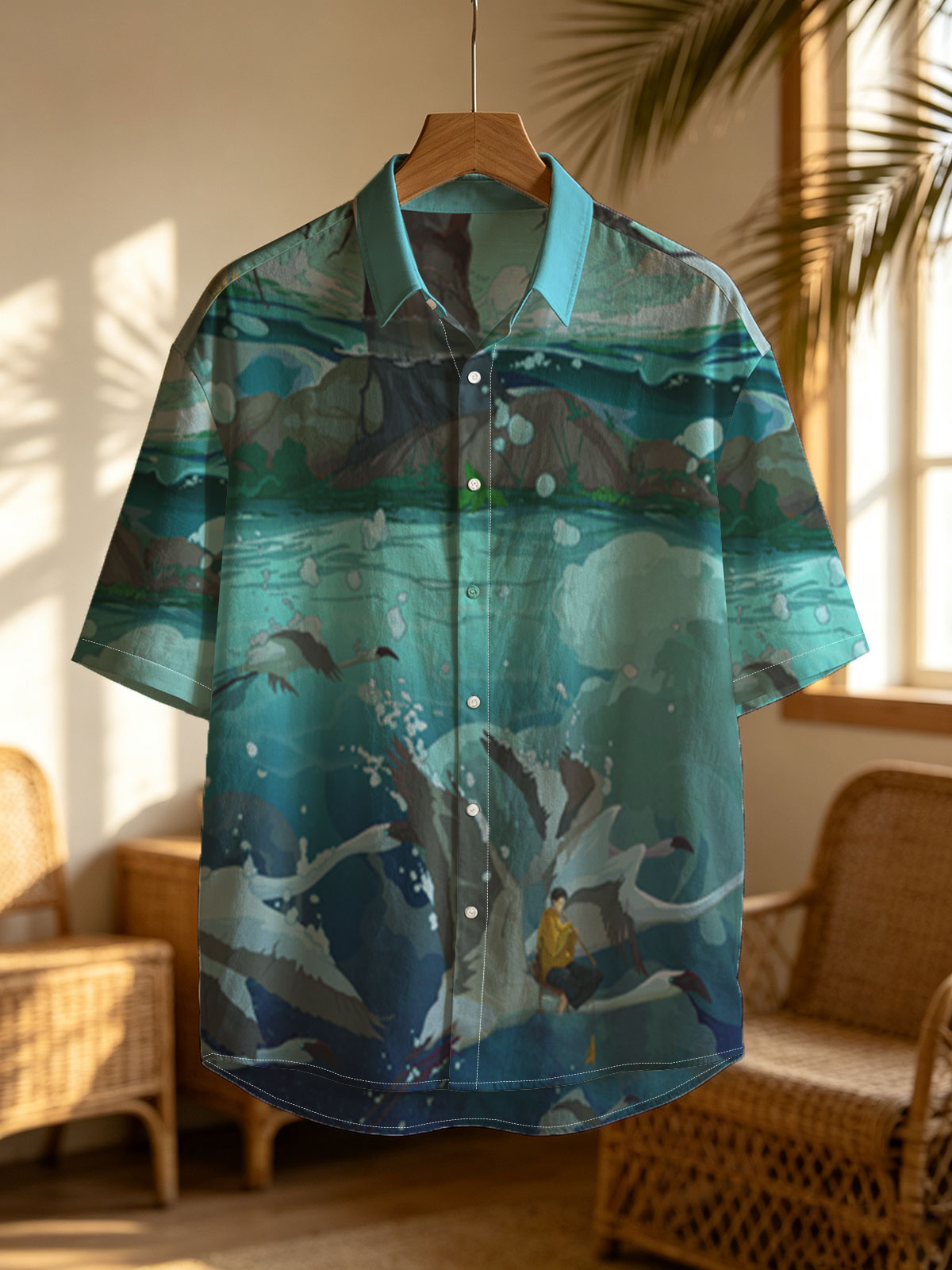 A boy rides a swan through a mystical underwater world beneath a giant tree. -  Shirt