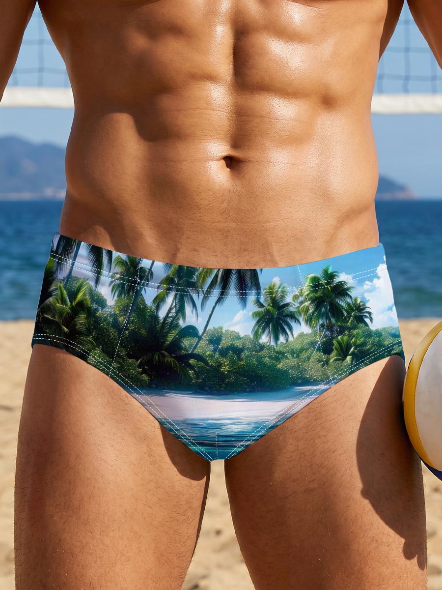 Tropical Paradise with Vibrant Coral Reef and Palm Trees -  Men's swim trunks