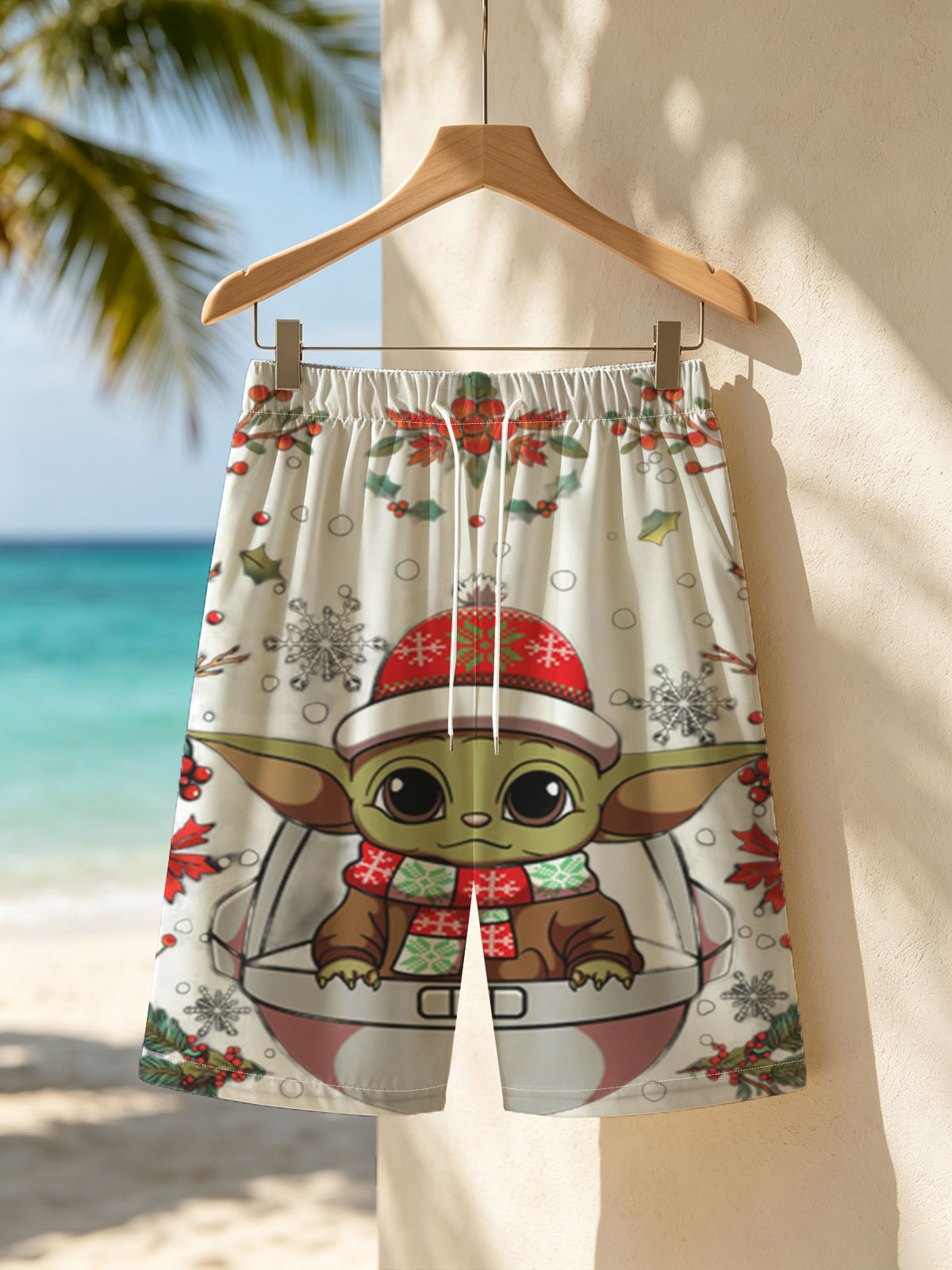 Baby Yoda in Christmas Hat and Scarf, Surrounded by Holiday Decorations -  Beach shorts