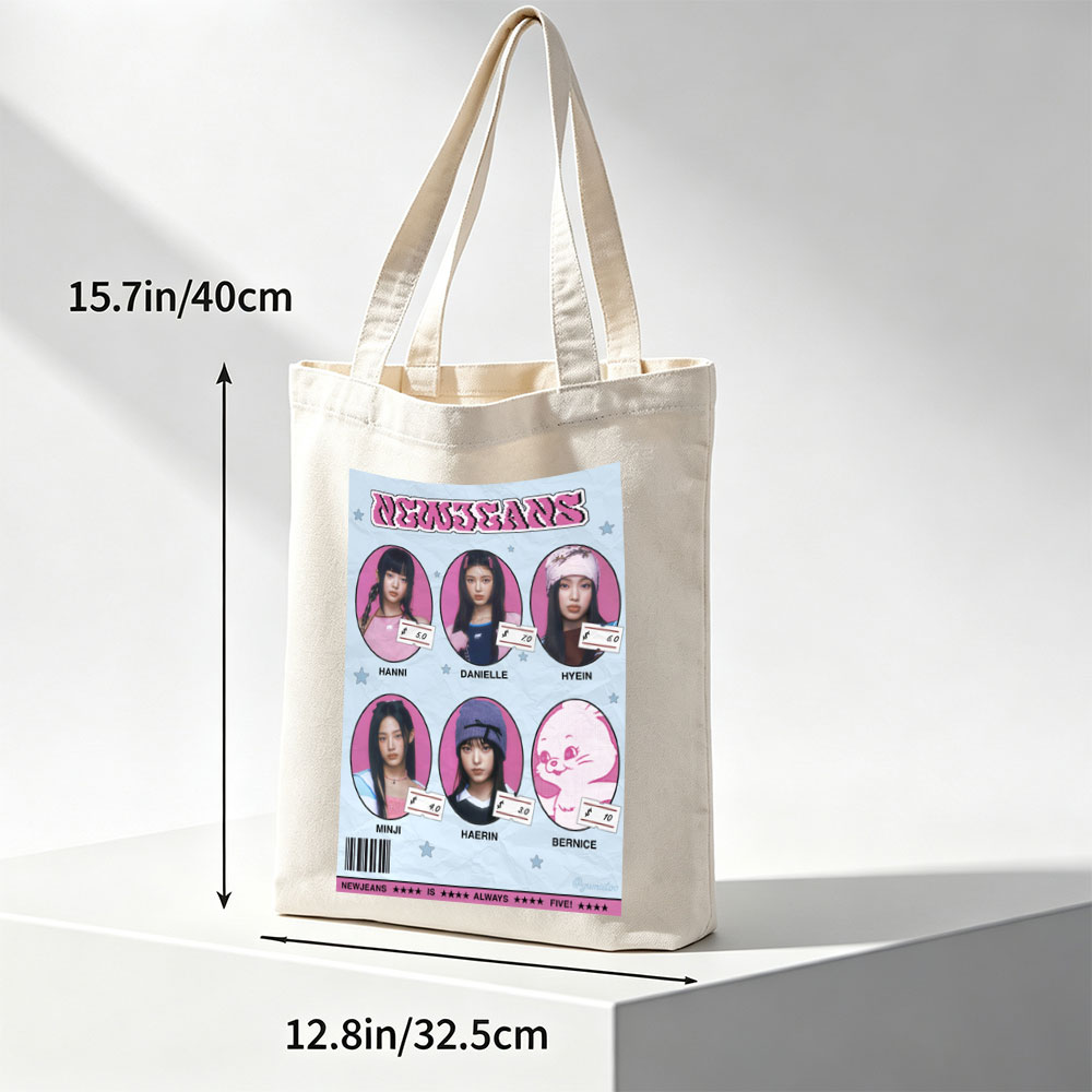 NEWJEANS Members in Pink-Themed Portrait Collage with Price Tags and Cartoon Character - Canvas tote bags