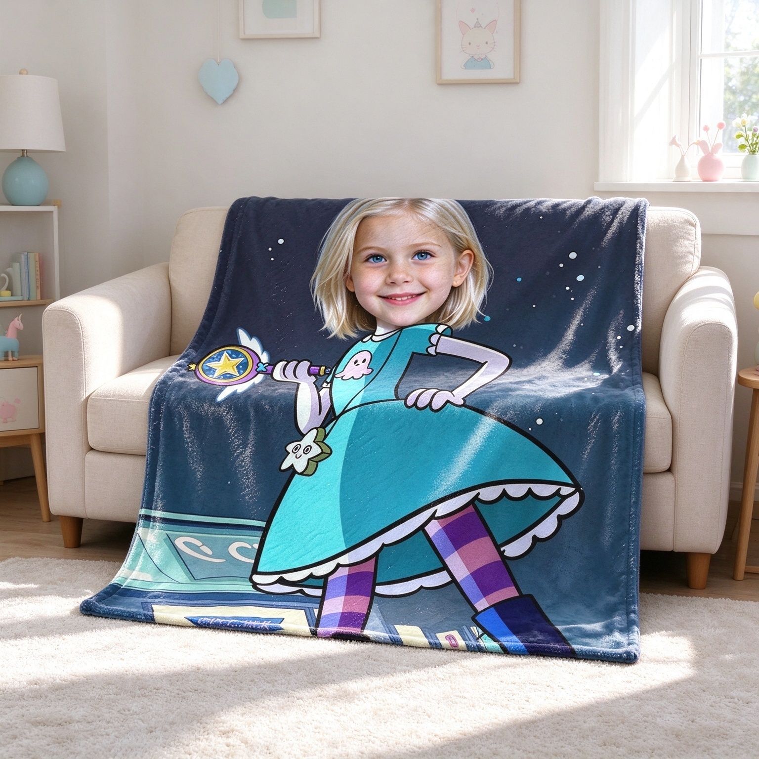 Custom Face Blanket Personalized Magical Girl Cartoon Photo Flannel Throw Soft Warm Keepsake Gift for Kids and Teens