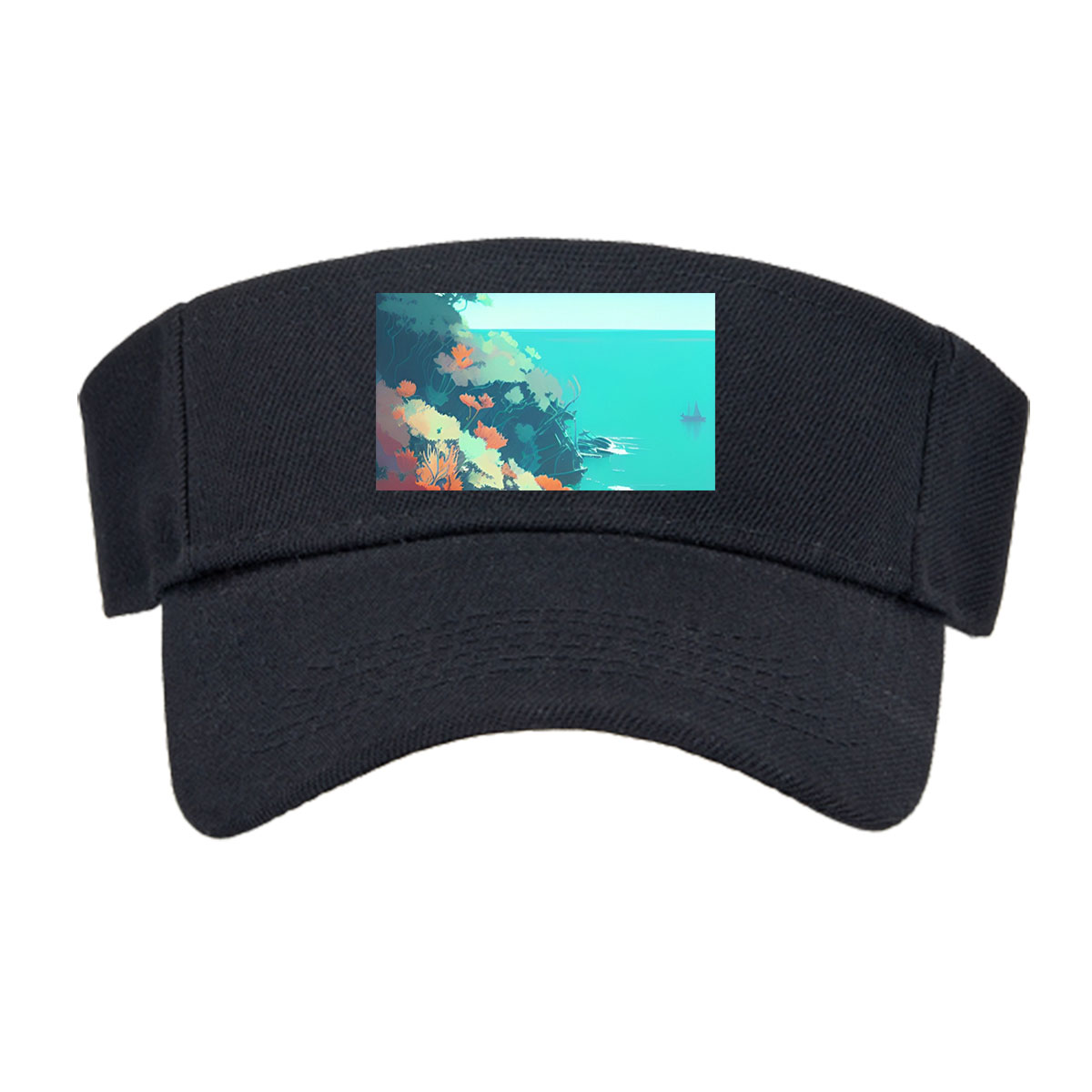 Colorful coastal landscape with vibrant flora and a distant ship on turquoise waters. -  Visor cap