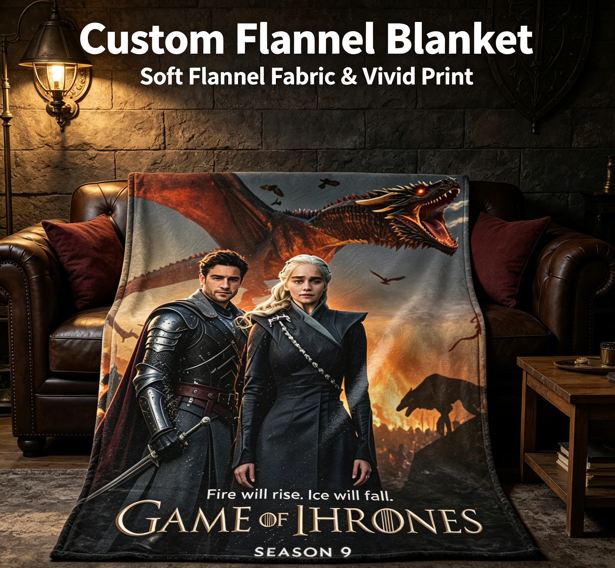 Custom Face Blanket Game of Thrones Season 9 Flannel Blanket for Couch, Bed, or Travel Perfect Gift for Fans and Collectors
