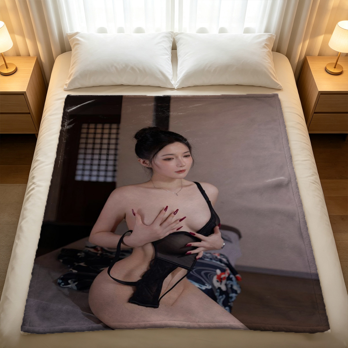 Nude woman in black lace skirt and heels on vintage sofa - Blanket