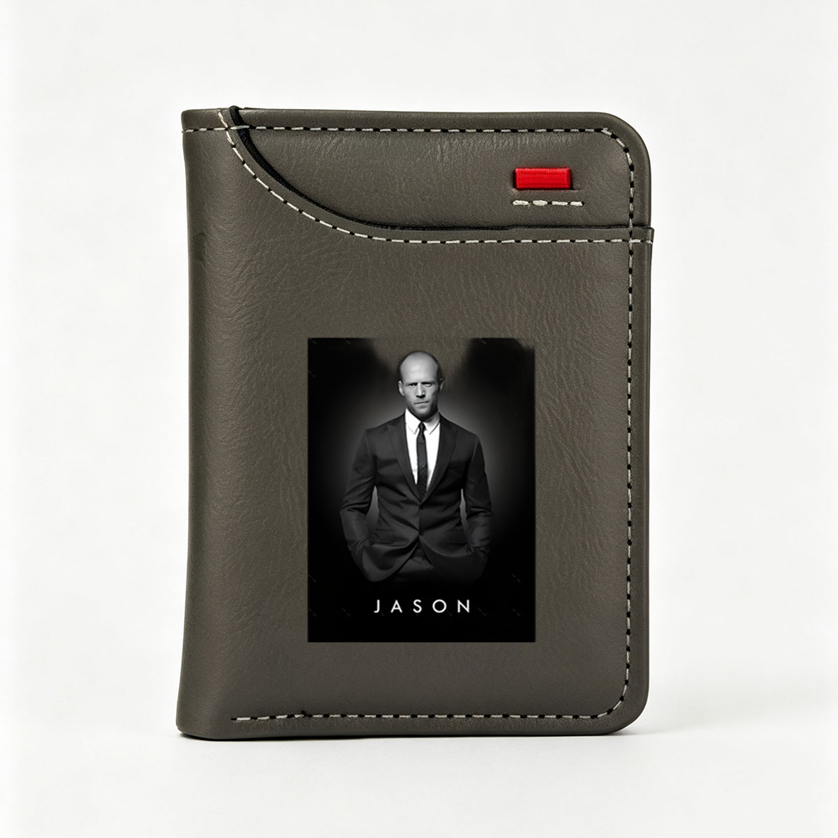 Jason Statham in a formal suit, black and white portrait - Vertical Style Wallet
