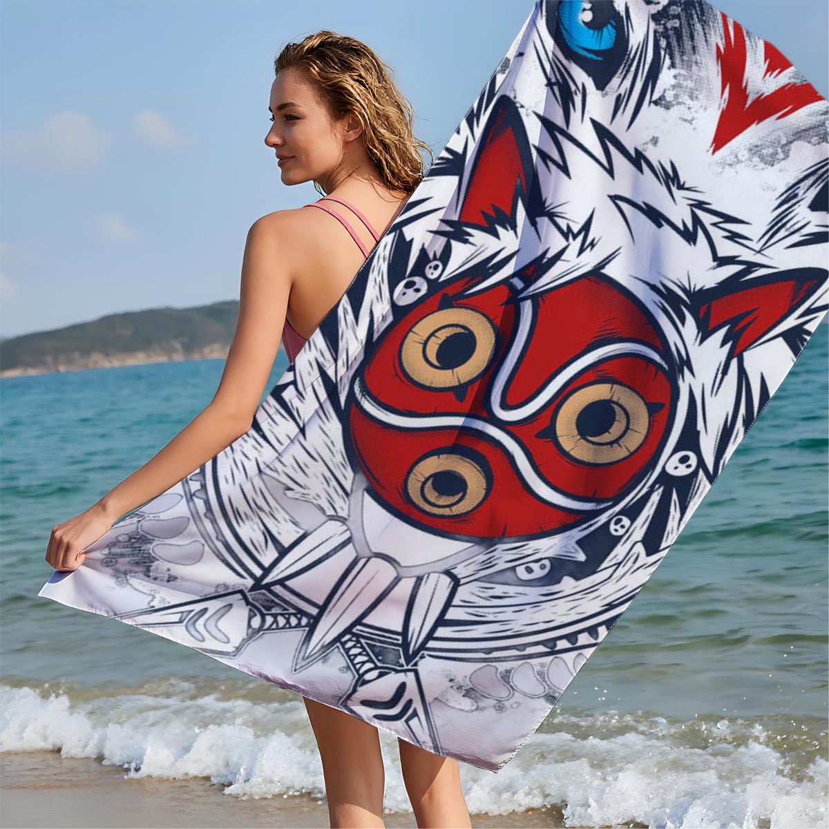 Red Masked Fox with Blue-Eyed Beast and Tribal Design - Beach towels