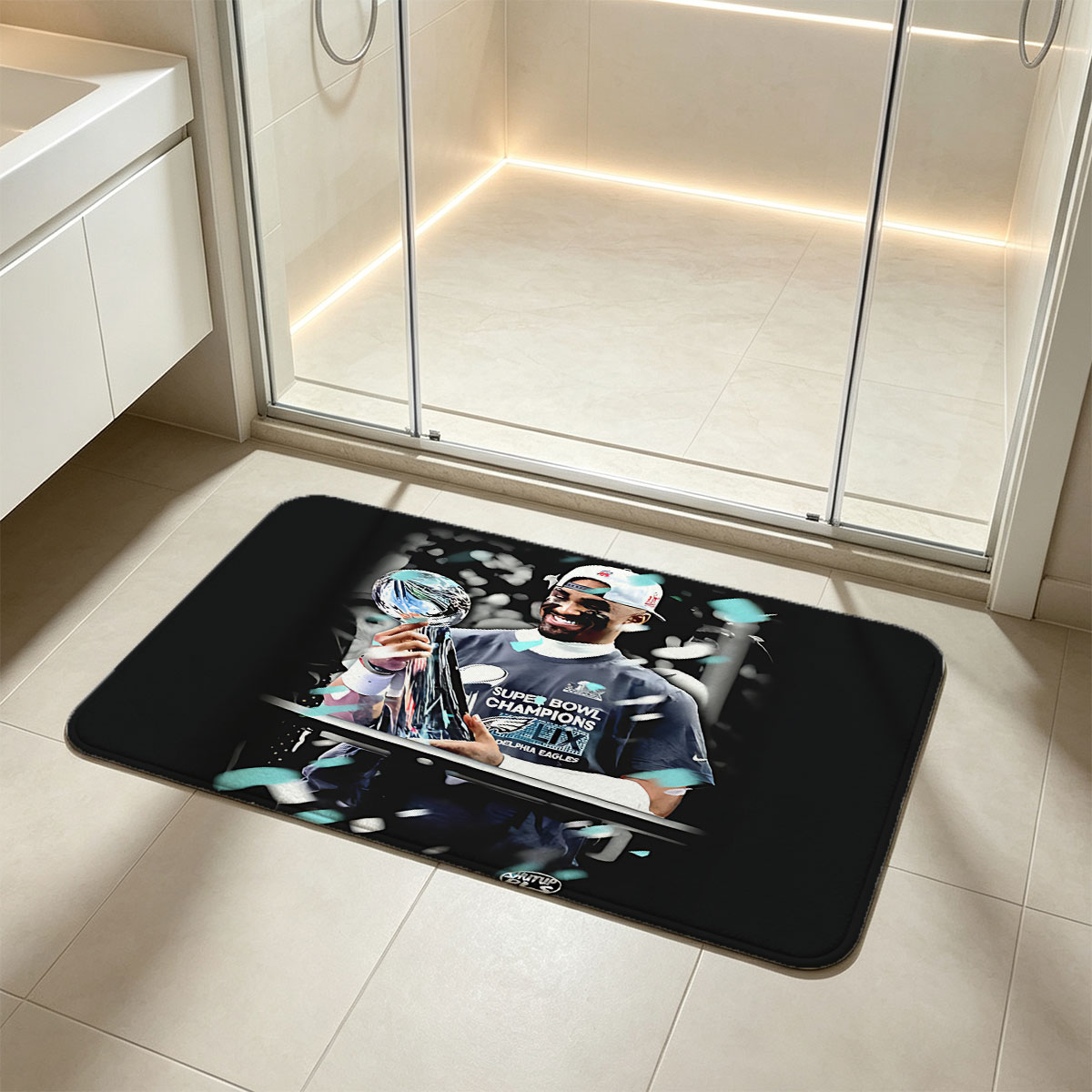 Jalen Hurts celebrates with the Super Bowl LIX trophy, wearing a Philadelphia Eagles champions shirt and cap. - Flannel floor mat