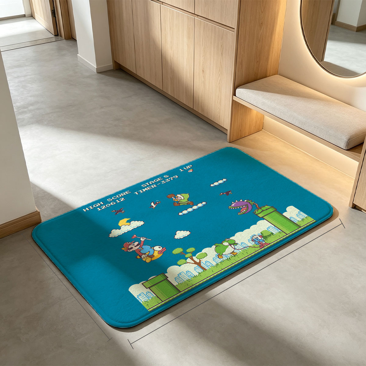 Mario, Yoshi, and Koopa in a vibrant platformer scene with high score and stage details - Flannel floor mat