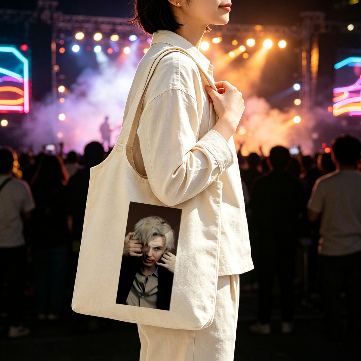 Lisa from BLACKPINK in a Dramatic Close-Up with Platinum Blonde Hair and Intense Expression - Canvas shoulder bags/