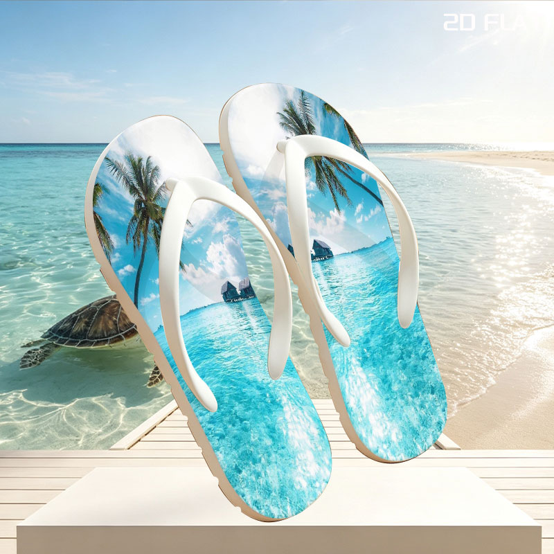 Tropical paradise with palm trees and overwater bungalows in crystal clear blue waters. -  flip-flops
