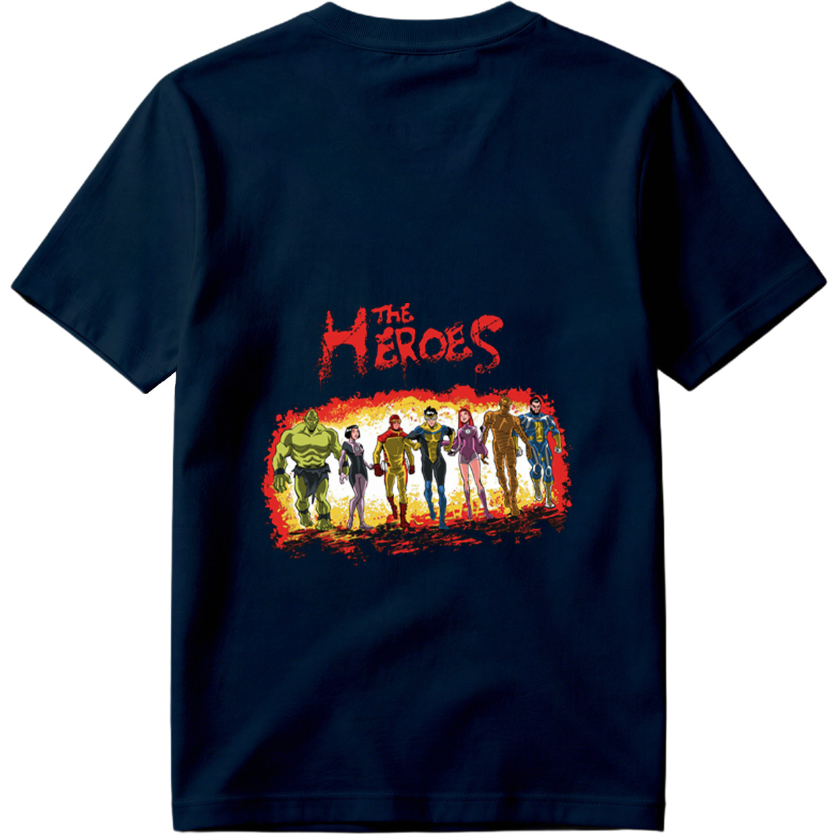 The Heroes: Green Hulk, Black Widow, Red Ranger, Blue Avenger, Pink Warrior, Golden Titan, and Blue Sentinel - Tee