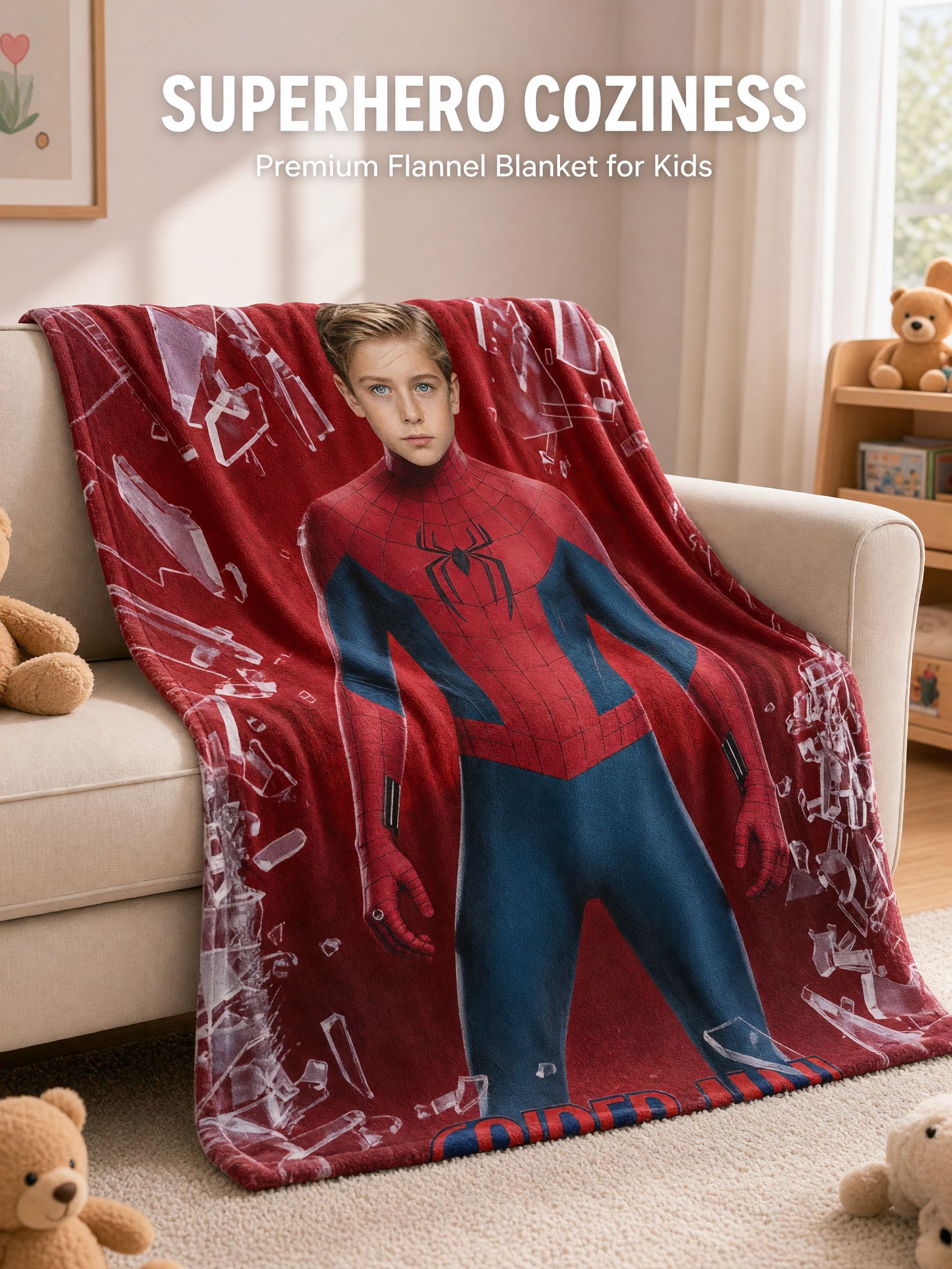 Custom Face Superhero Flannel Blanket, Personalized Photo Throw for Kids Adults, Ultra Soft Warm Bed Couch Cover