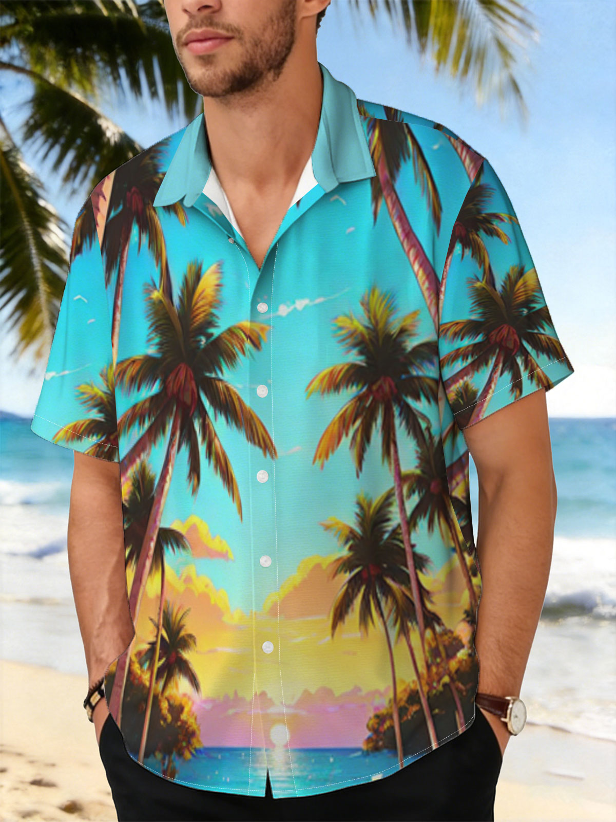Tropical Sunset Beach with Palm Trees and a Solitary Figure -  Shirt