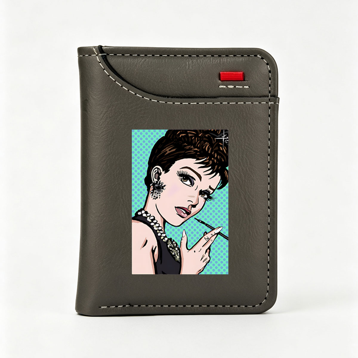 Audrey Hepburn in Pop Art Style, Wearing Pearls and Holding a Cigarette - Vertical Style Wallet
