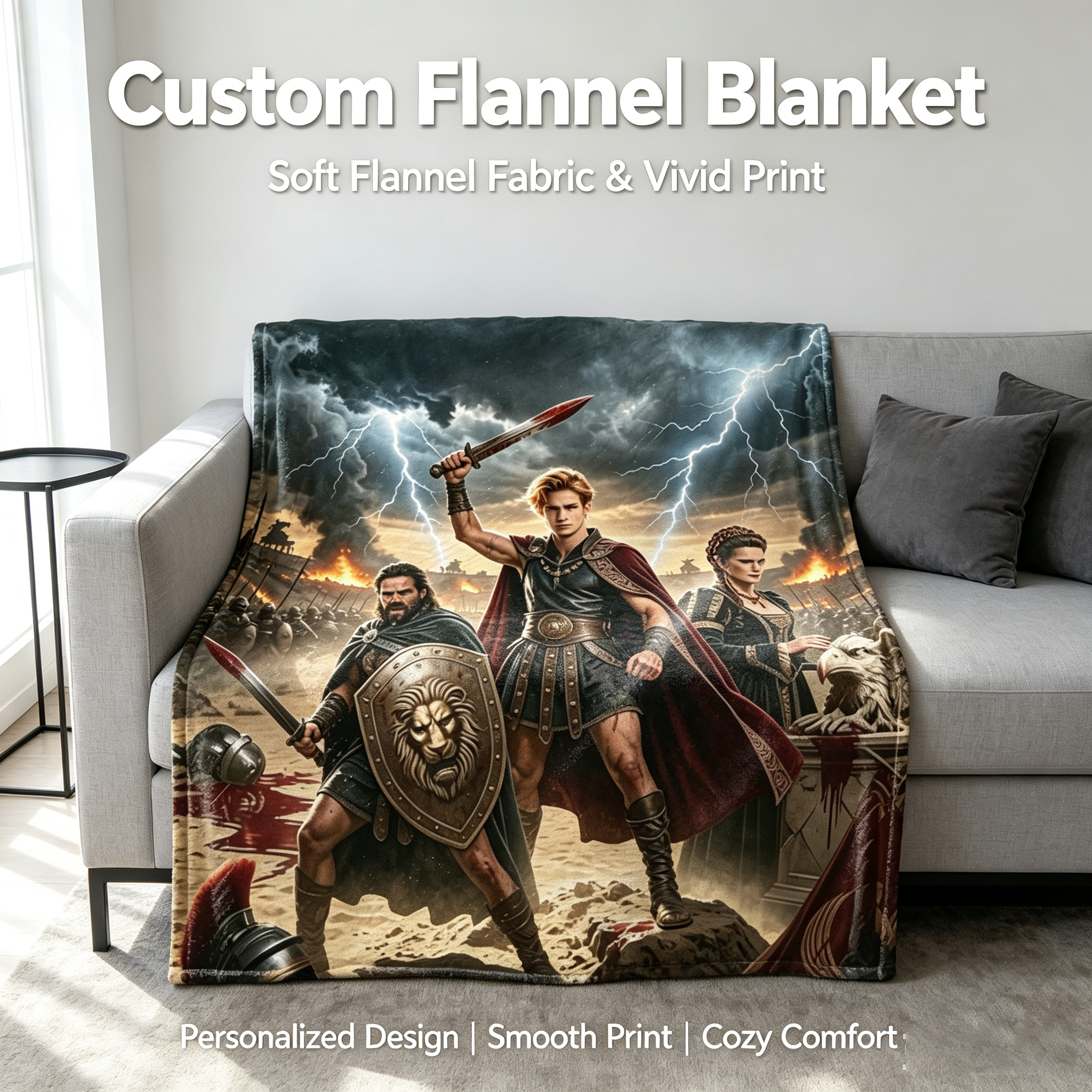 Custom Face Blanket Ancient Warrior Epic Battle Scene Flannel Blanket Perfect for Couch Cozy Nights and Birthday Gift Ideas
