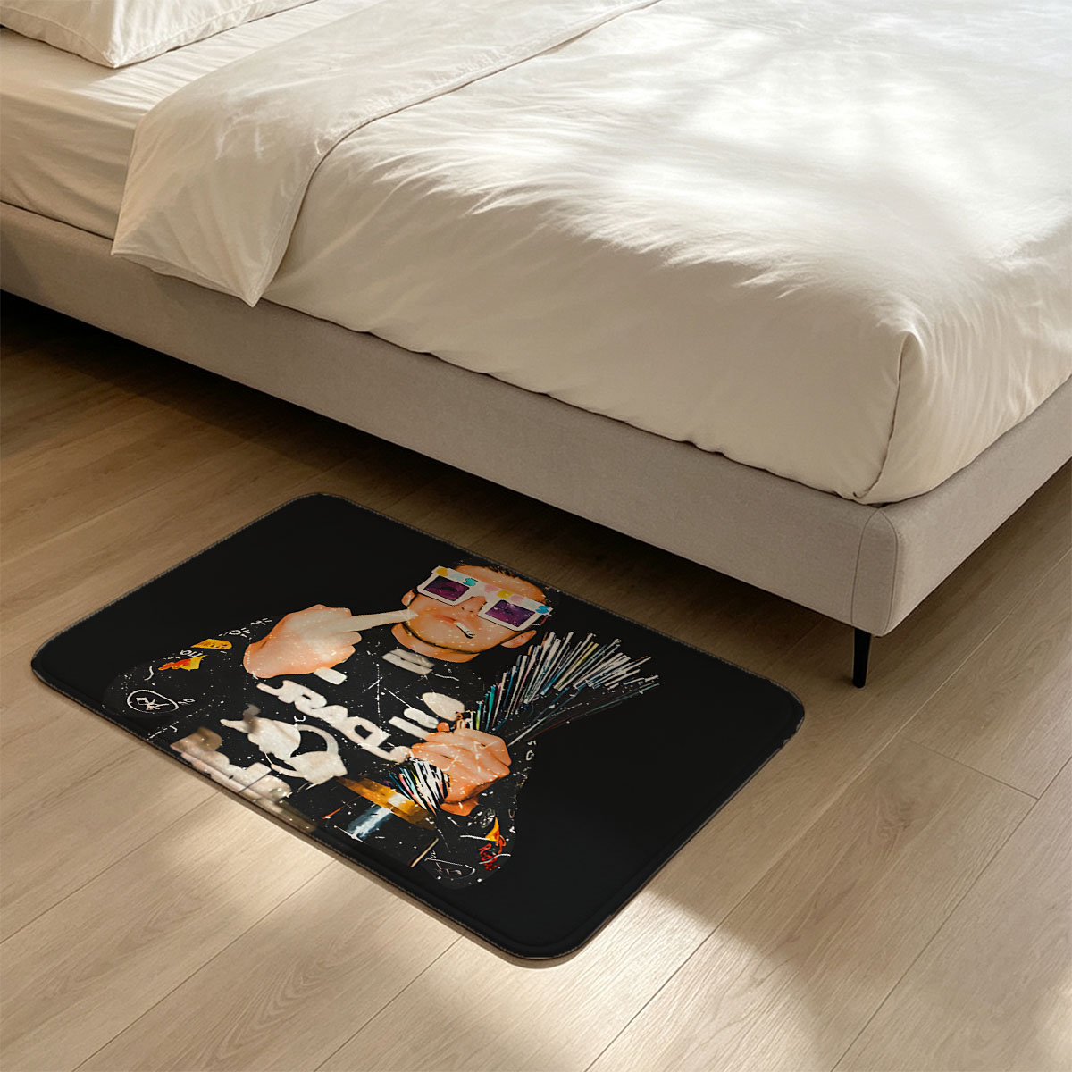 Man in Colorful Glasses Holding Sparklers and Smoking - Flannel floor mat