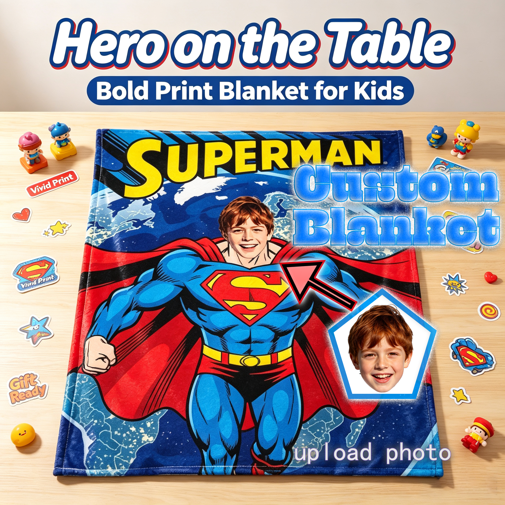 Personalized Superman Flannel Blanket, Custom Photo Superhero Throw Blanket For Kids Birthday Gift