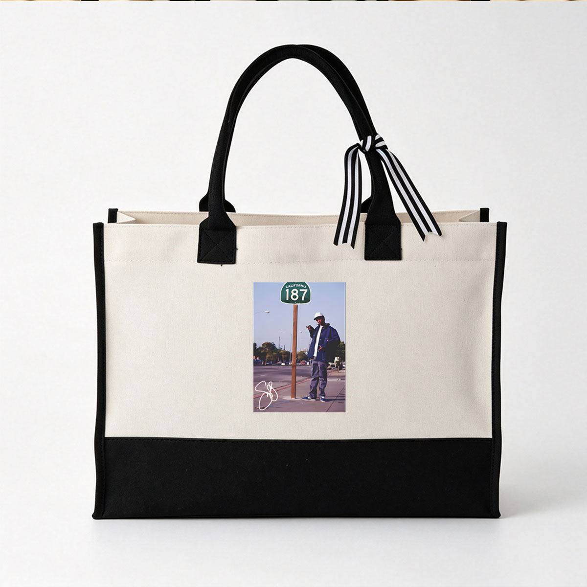 Man in Blue Jacket and White Cap Standing by California Route 187 Sign - Canvas patchwork gift tote bag