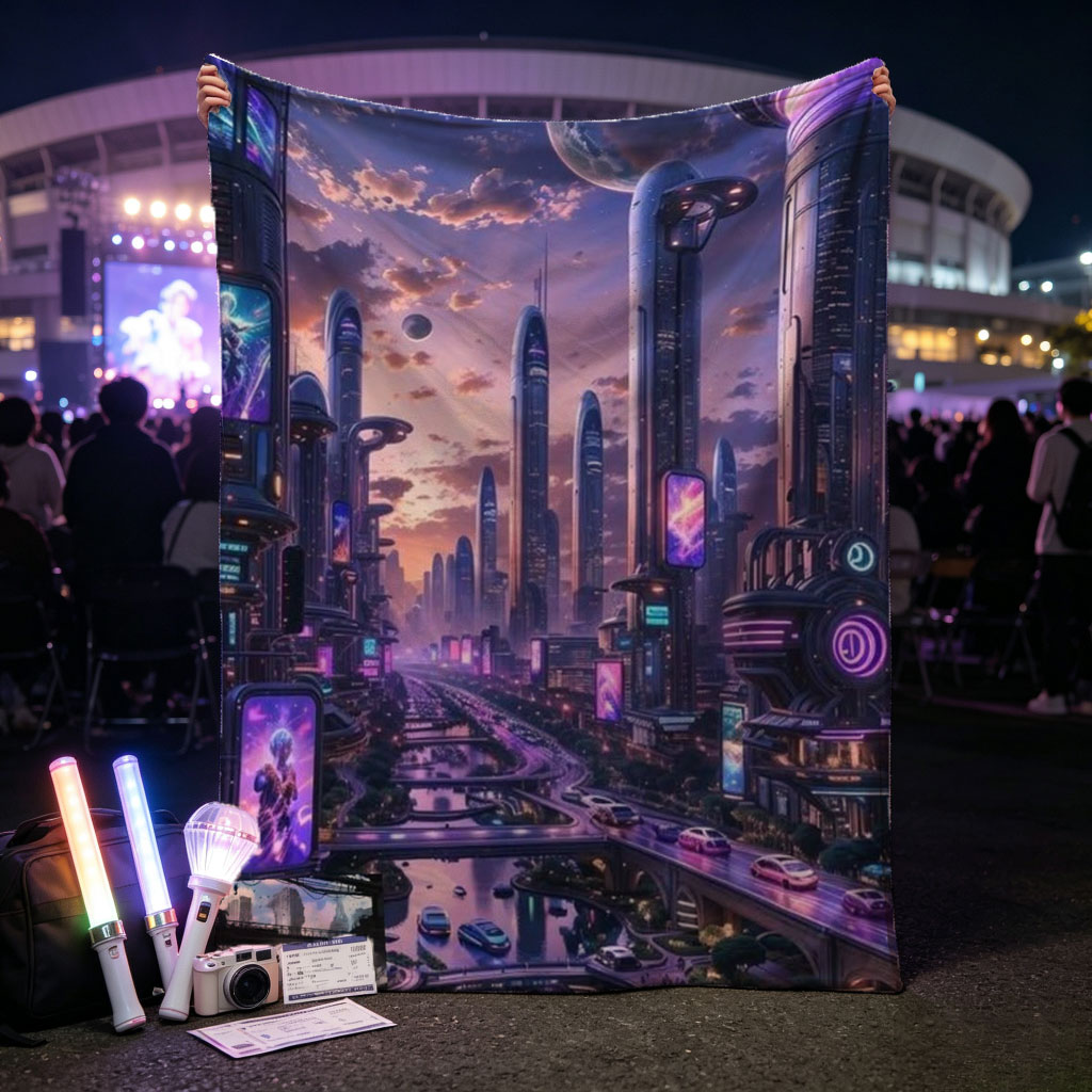 Taylor Swift in Futuristic Cityscape - Neon-Lit Metropolis with Hovering Cars and Giant Moon in the Sky - Blankets