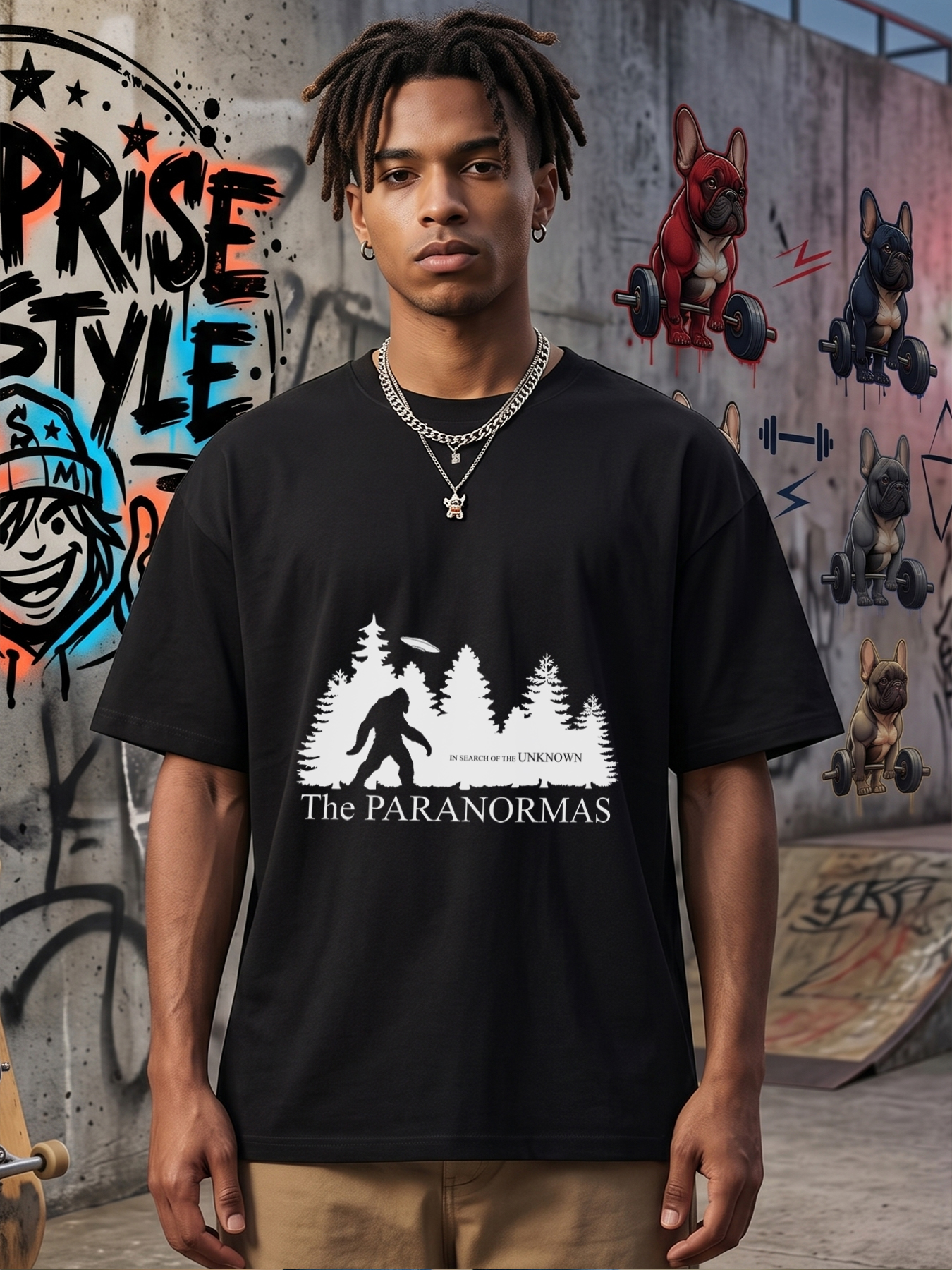 Men's Printed T-Shirt The PARANORMAS Bigfoot UFO Forest Design In Search of the Unknown Casual Round Neck Summer Lightweight Breathable Short Sleeve Tee for Outdoor Adventure Enthusiasts and Mystery Lovers