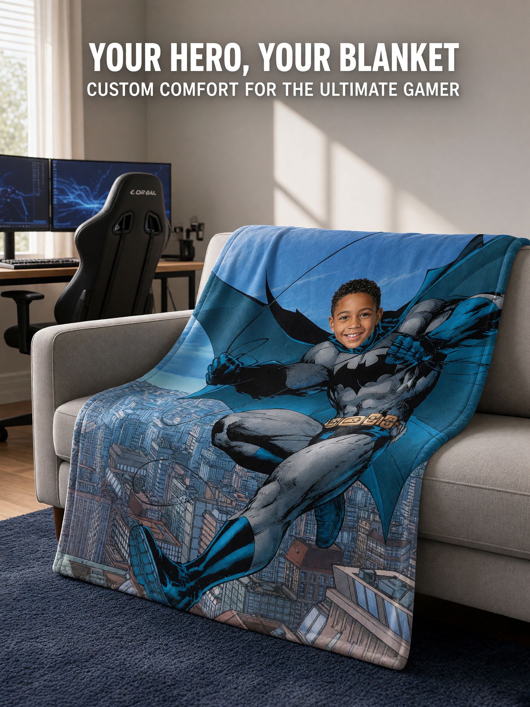 Personalized Superhero Face Blanket Custom Photo Ultra Soft Flannel Throw for Kids Ideal Cozy Gift