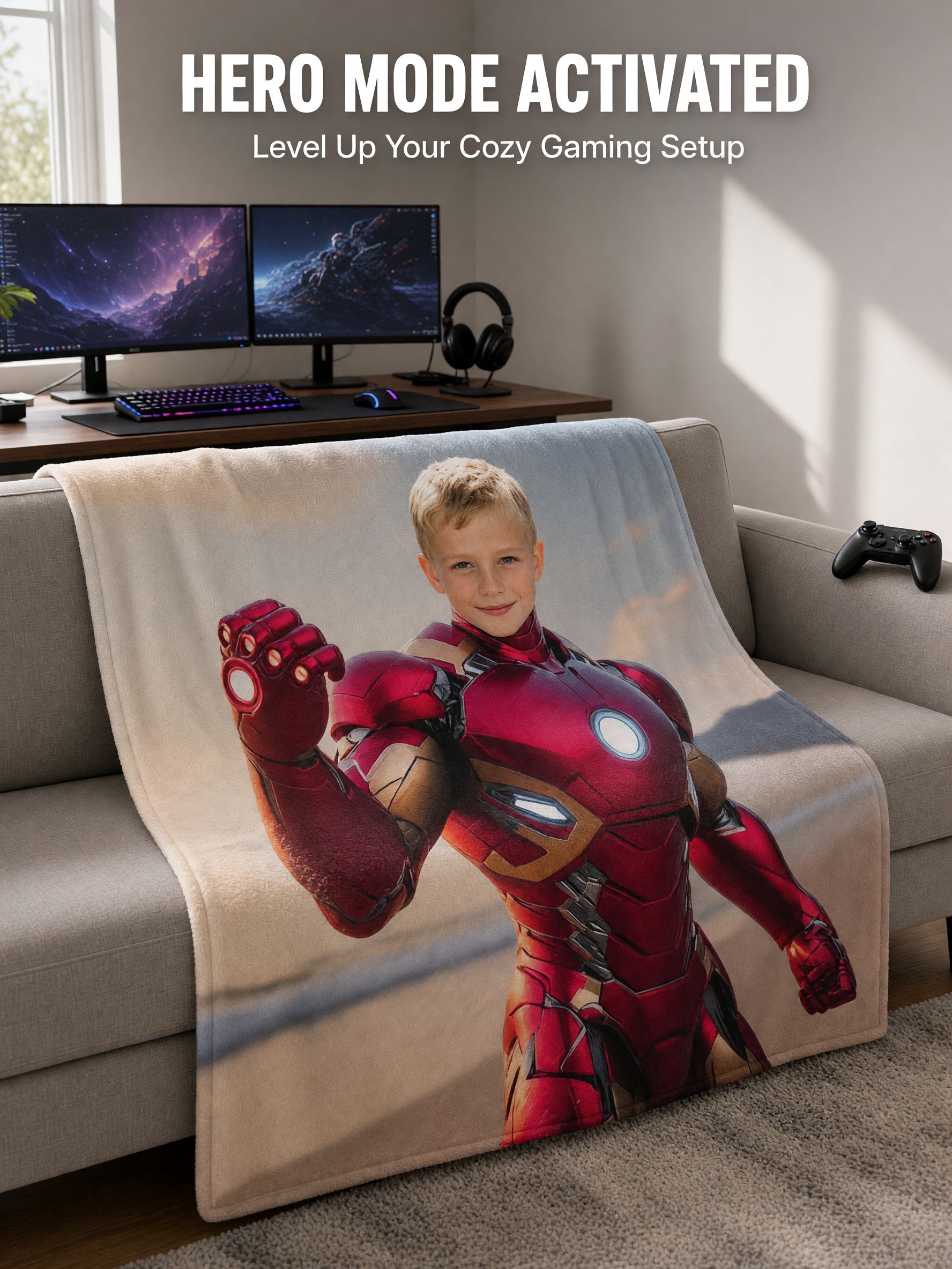 Custom Photo Face Blanket Personalized Armored Superhero Flannel Fleece Throw Soft Skin-Friendly Cozy Keepsake Gift for