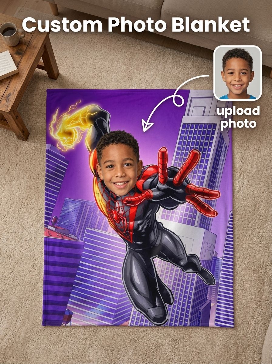 Custom Face Superhero Blanket, Personalized Photo Flannel Throw for Kids, Cozy Bed Couch Plush Fleece Keepsake Gift