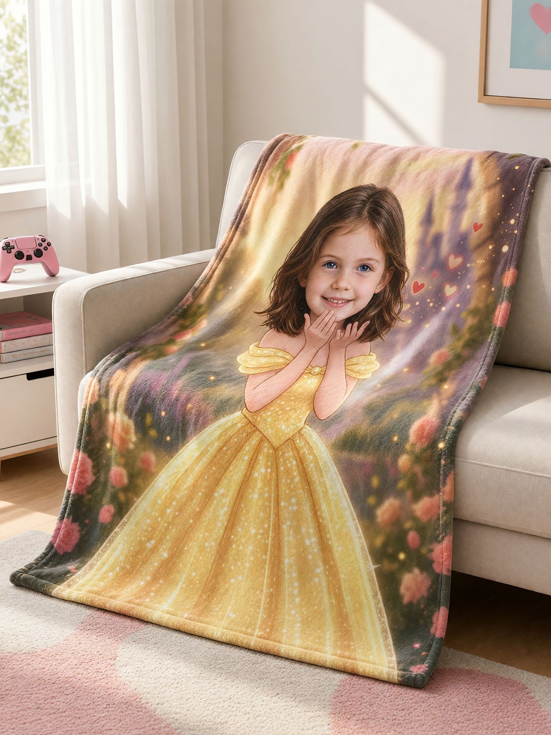 Custom Face Photo Blanket, Personalized Fairytale Princess Flannel Throw, Ultra Soft Cozy Keepsake Gift for Kids