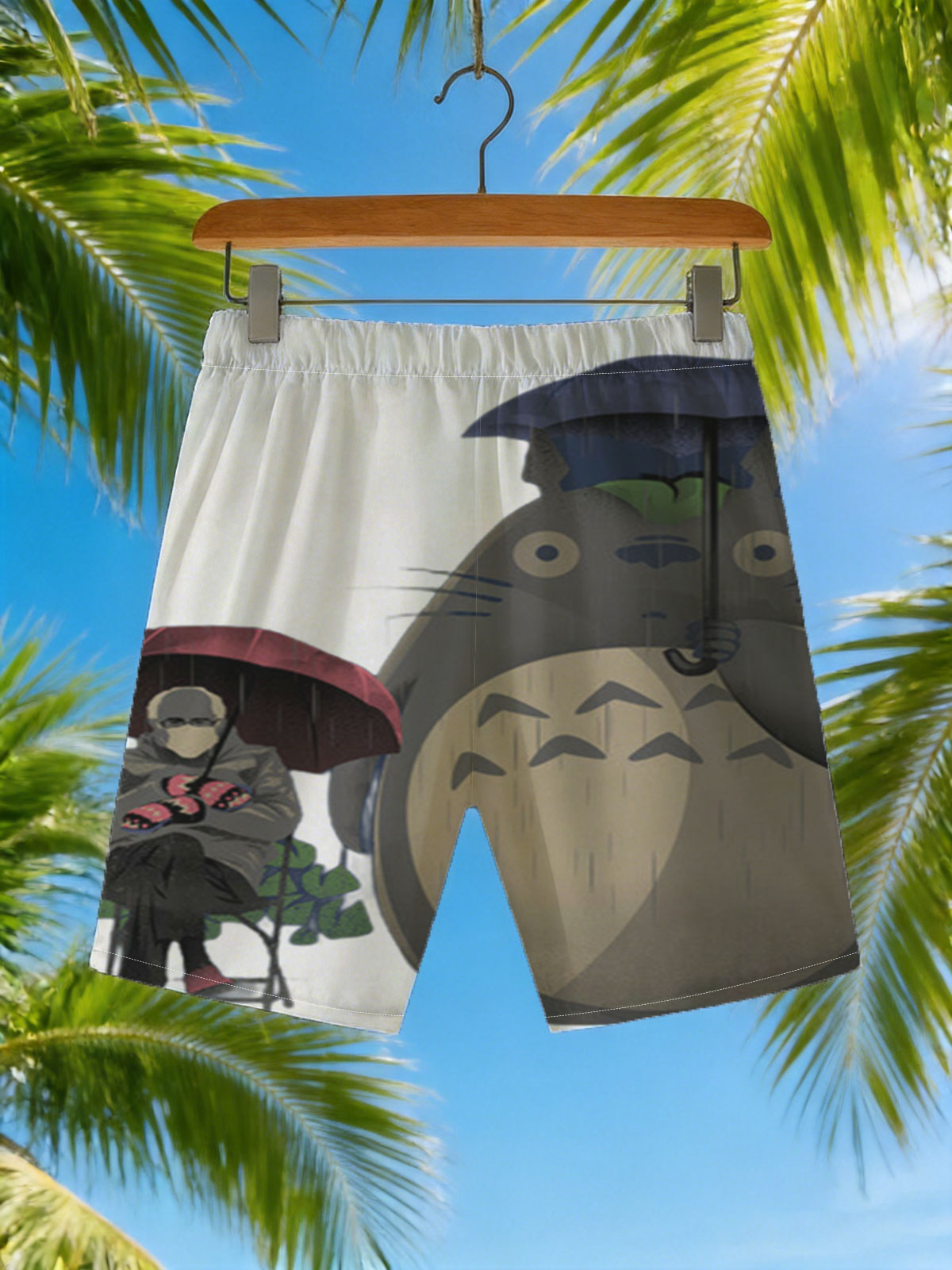 Totoro and a Person Under Umbrellas in the Rain -  Beach shorts