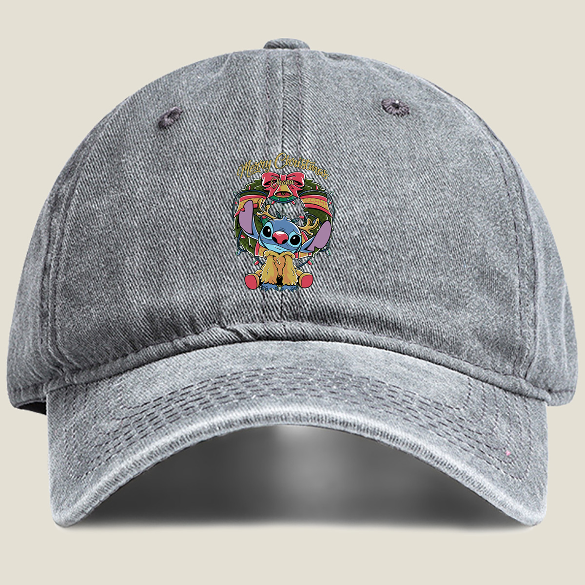 Stitch Christmas Wreath Design - Washed Denim - Baseball Cap