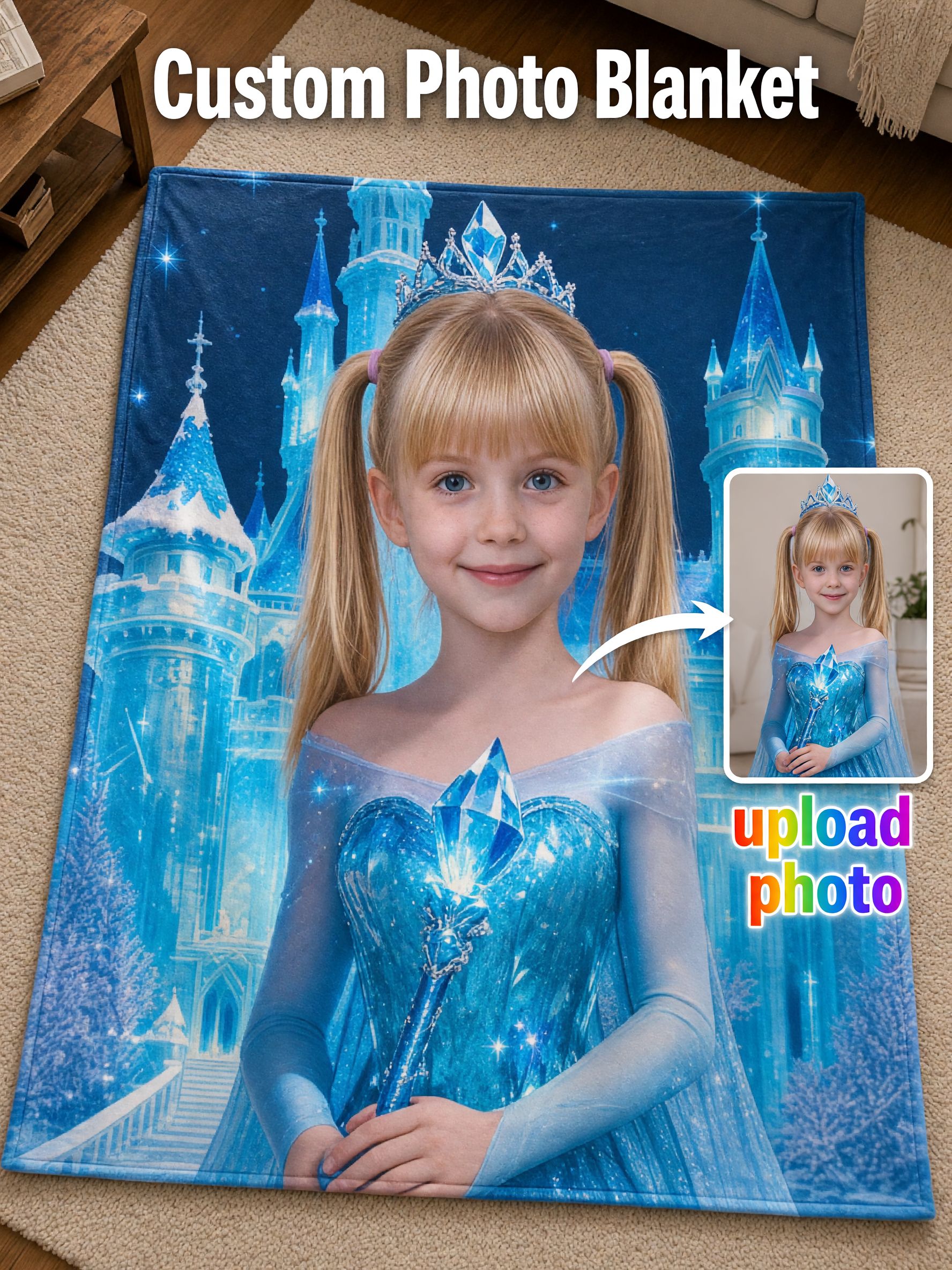 Custom Face Photo Blanket Personalized Ice Princess Soft Flannel Throw Fleece Blanket Ideal Birthday Gift for Girls