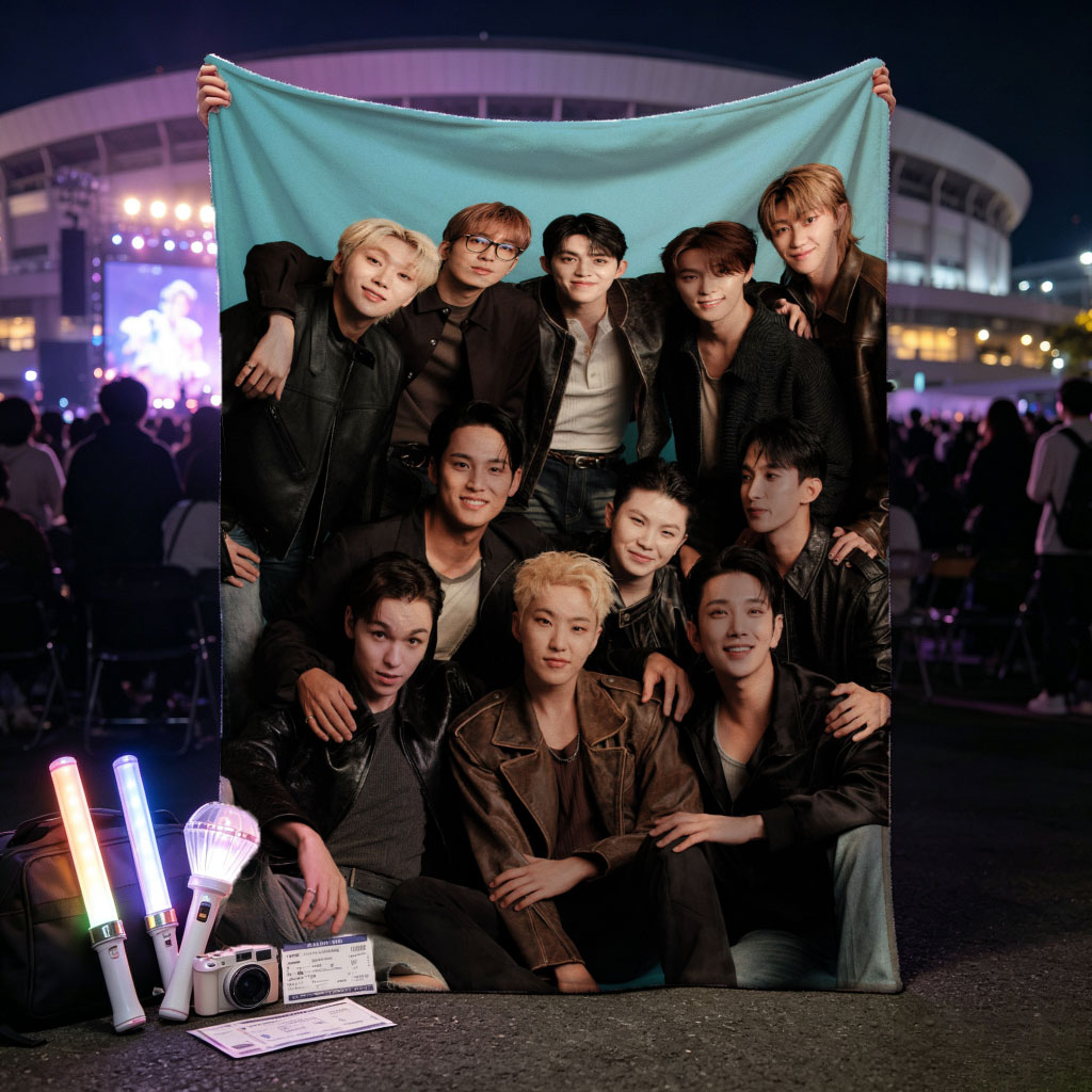 SEVENTEEN Group Photo on Blue Background with Members in Leather Jackets and Casual Outfits - Blankets