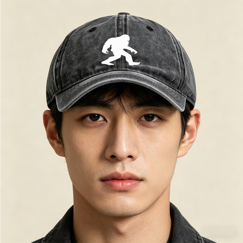 Unisex Classic Washed Cap with Bigfoot Silhouette Print - Casual Outdoor Hat for Hiking, Camping, and Adventure Enthusiasts