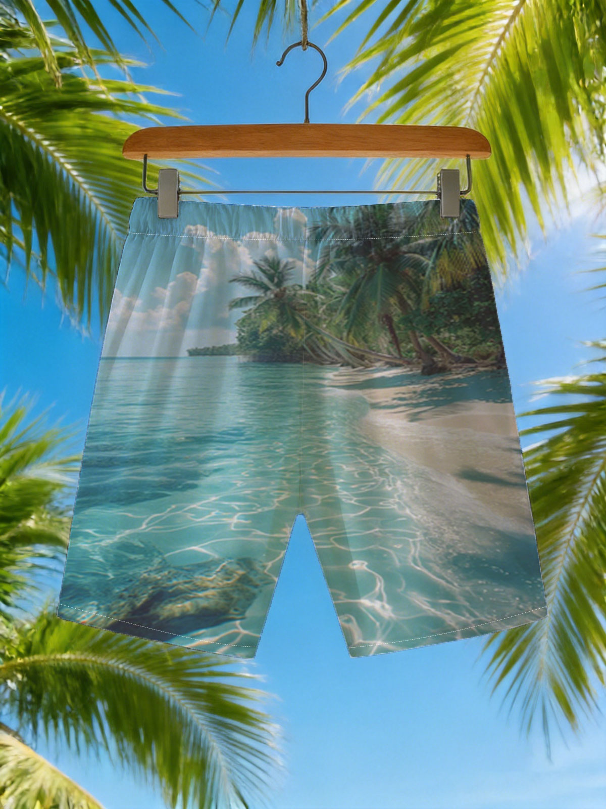 Crystal Clear Waters and Palm Trees on a Tropical Beach -  Beach shorts